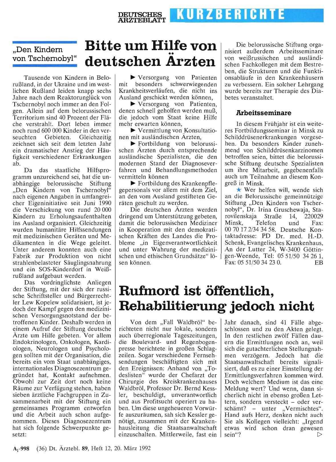Vorschauseite 1: „Den Kindem von Tschernobyl„: Bitte um Hilfe von deutschen Ärzten