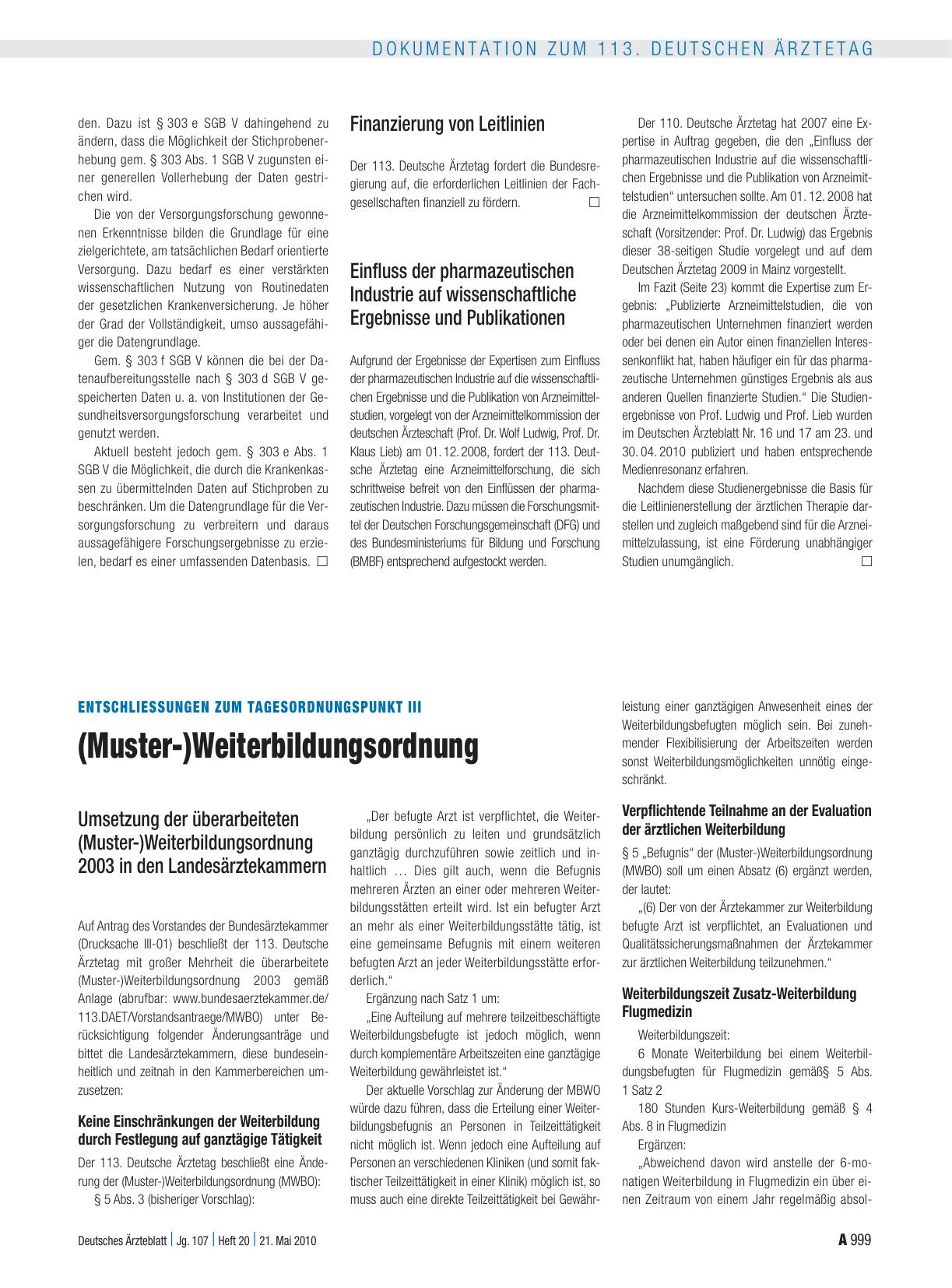 Vorschauseite 1: Entschliessungen zum Tagesordnungspunkt III: (Muster-)Weiterbildungsordnung