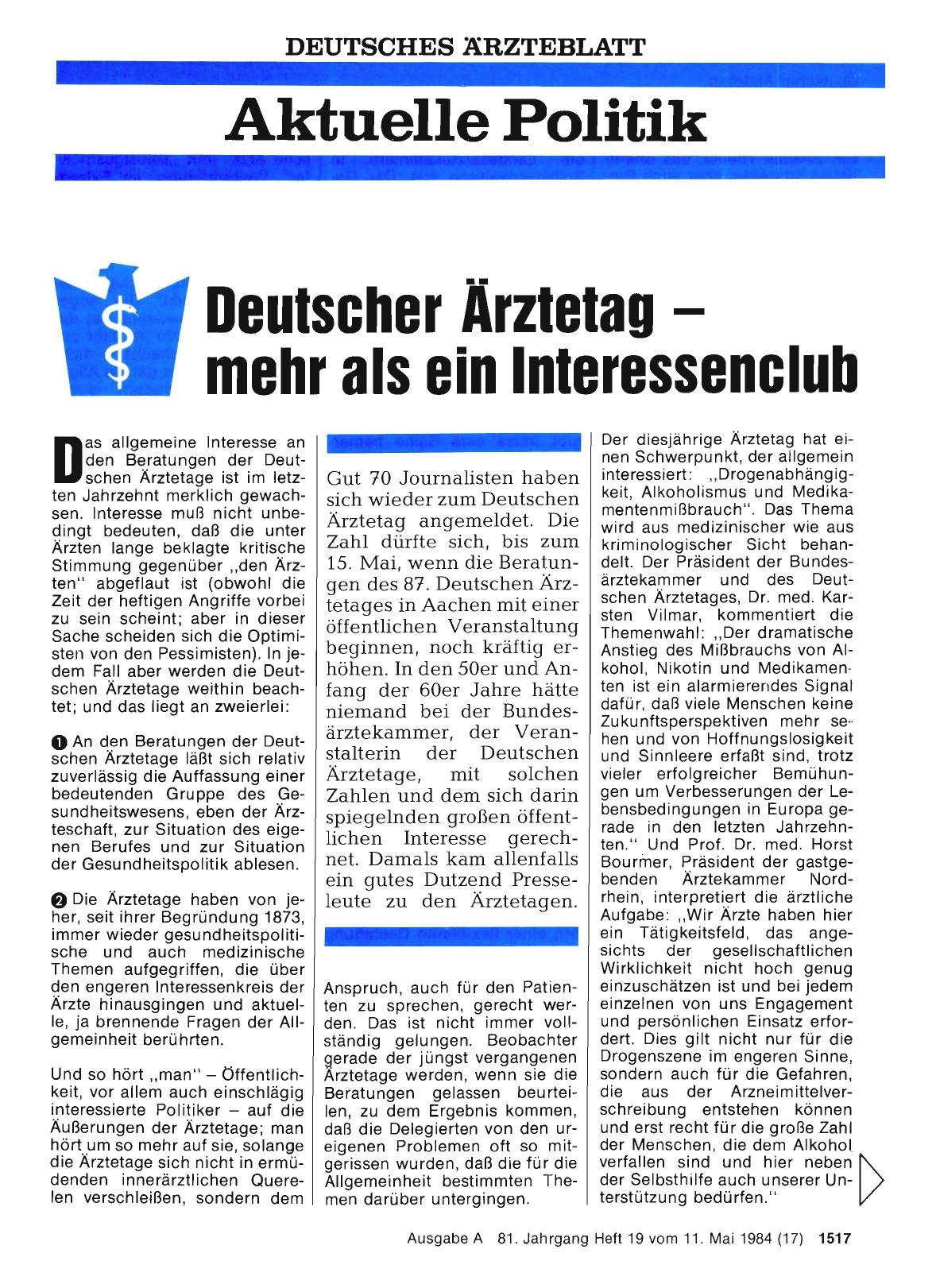 Vorschauseite 1: Deutscher Ärztetag — mehr als ein Interessenclub