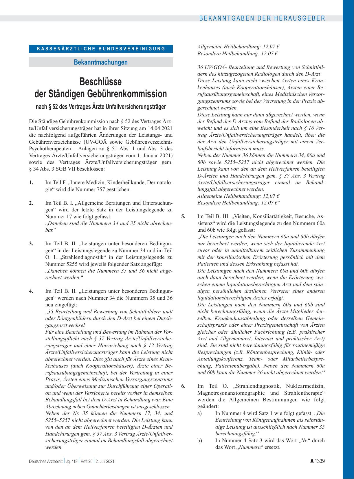 Vorschauseite 1: Beschlüsse der Ständigen Gebührenkommission nach § 52 des Vertrages Ärzte Unfallversicherungsträger