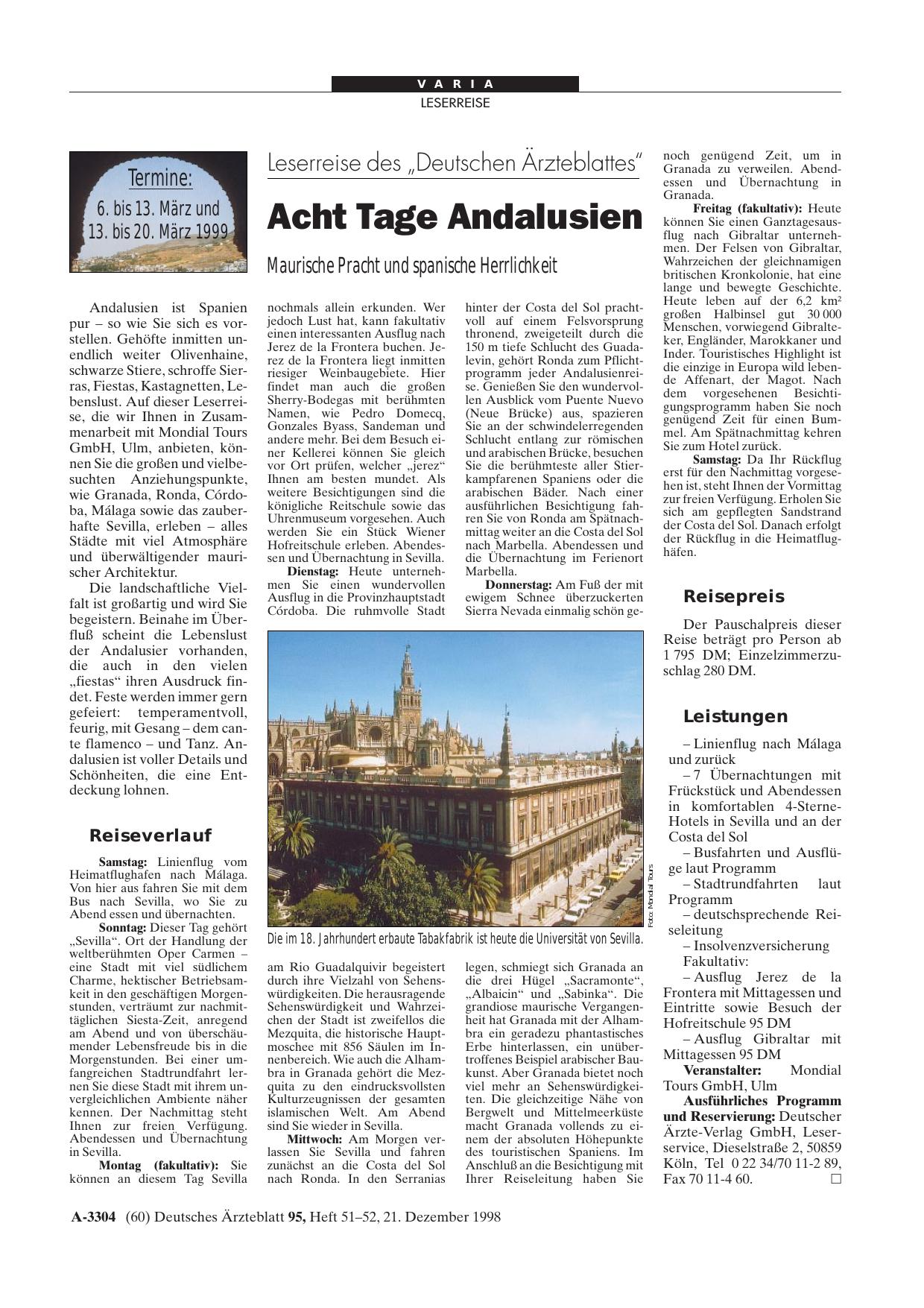Vorschauseite 1: Leserreise des „Deutschen Ärzteblattes“: Acht Tage Andalusien