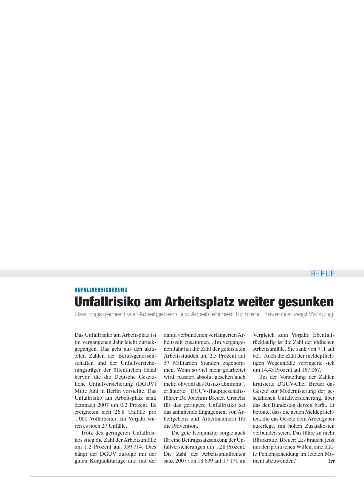 Vorschauseite 1: Unfallversicherung: Unfallrisiko am Arbeitsplatz weiter gesunken