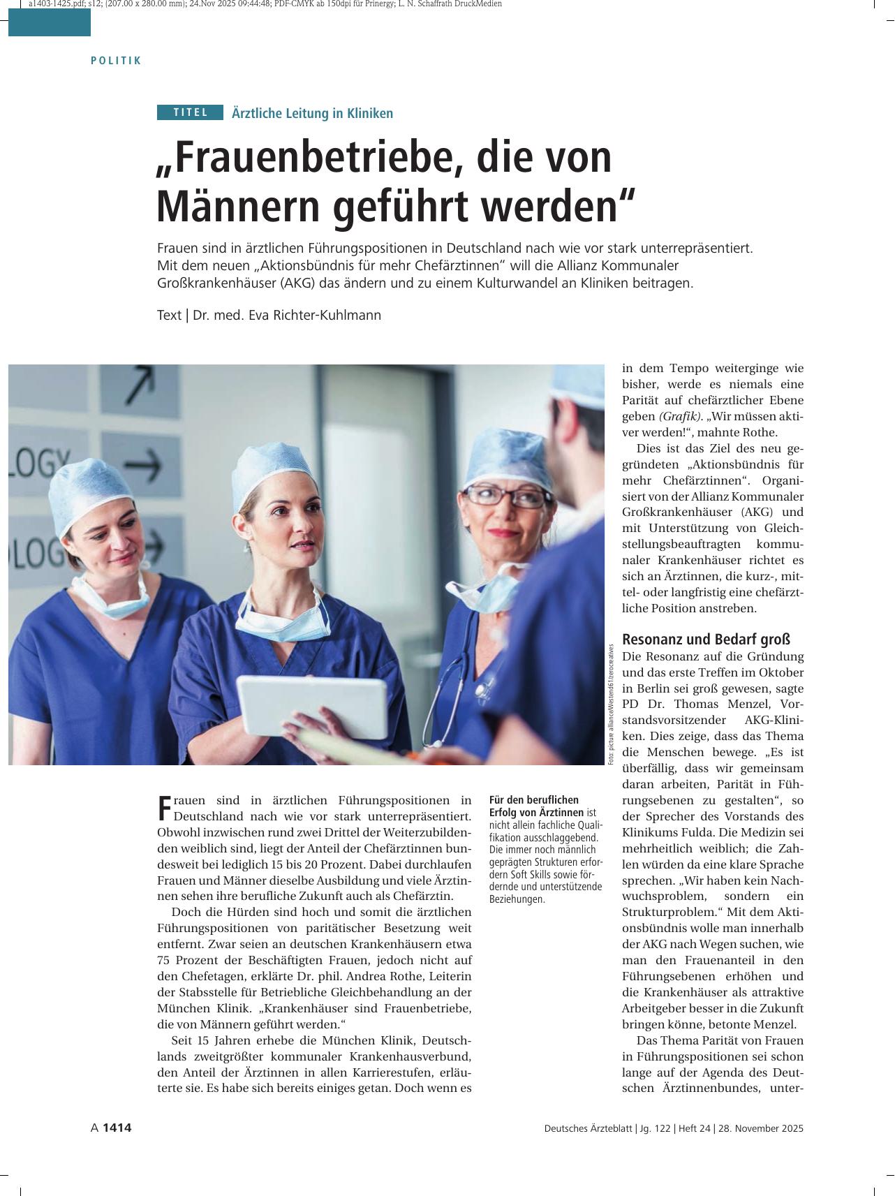 Vorschauseite 1: Ärztliche Leitung in Kliniken: „Frauenbetriebe, die von Männern geführt werden“