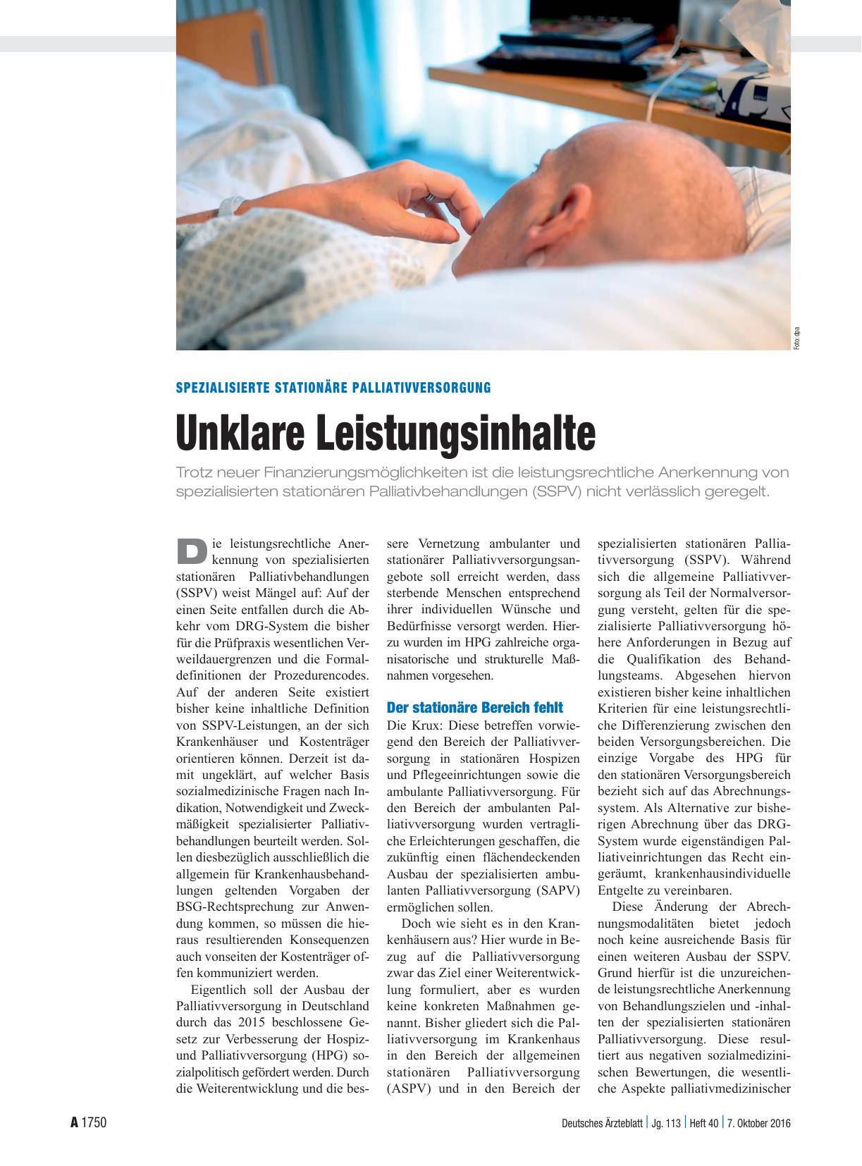 Vorschauseite 1: Spezialisierte stationäre Palliativversorgung: Unklare Leistungsinhalte