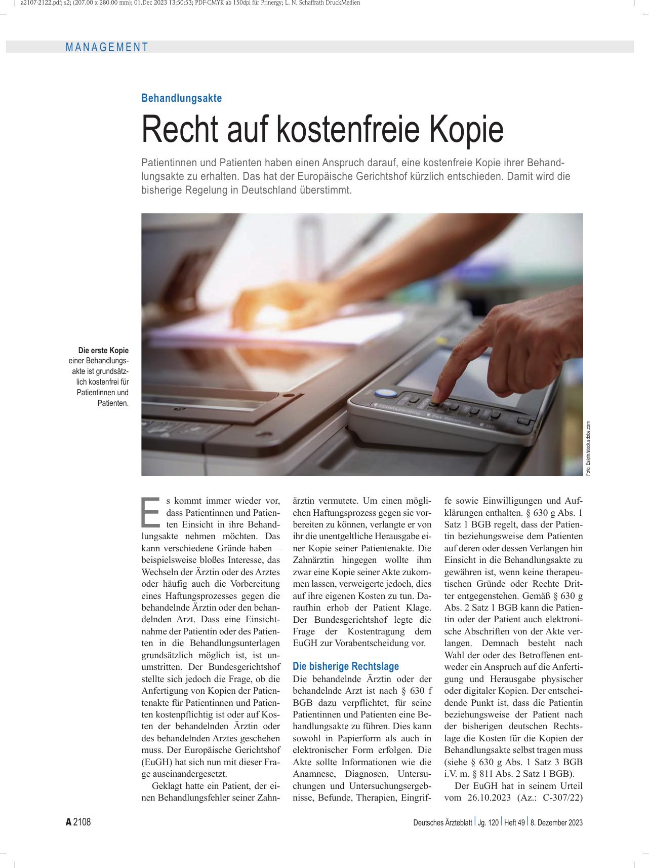 Vorschauseite 1: Behandlungsakte: Recht auf kostenfreie Kopie
