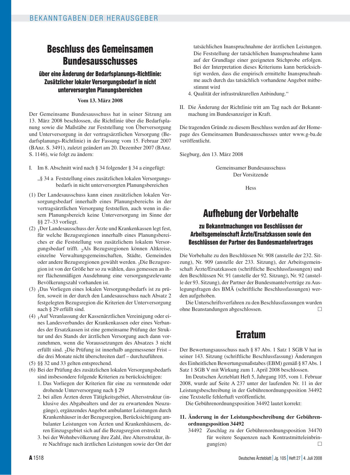 Vorschauseite 1: Bekanntmachungen: Aufhebung der Vorbehalte zu Bekanntmachungen von Beschlüssen der Arbeitsgemeinschaft Ärzte/Ersatzkassen sowie den Beschlüssen der Partner des Bundesmantelvertrag…