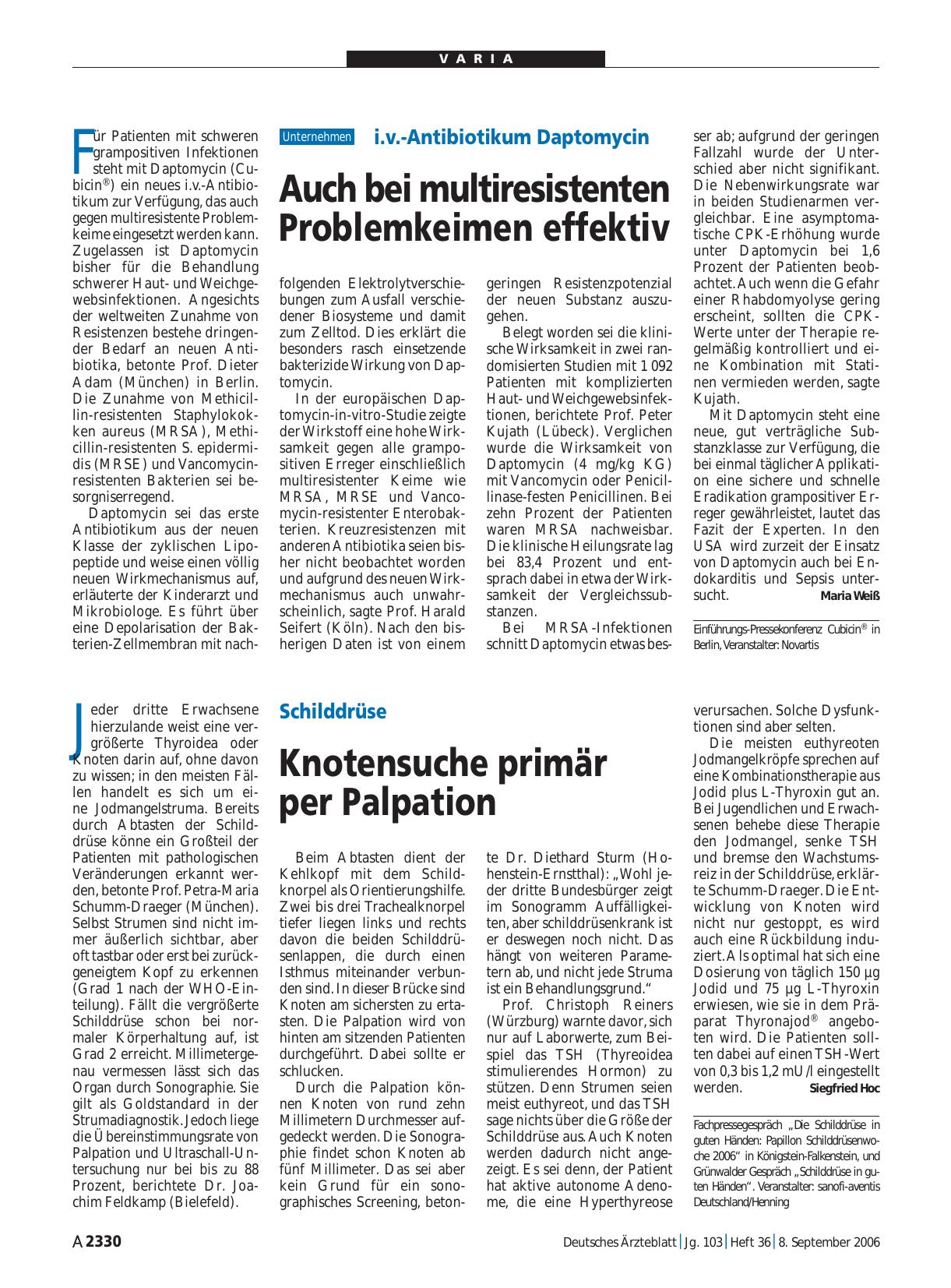 Vorschauseite 1: i. v. -Antibiotikum Daptomycin: Auch bei multiresistenten Problemkeimen effektiv