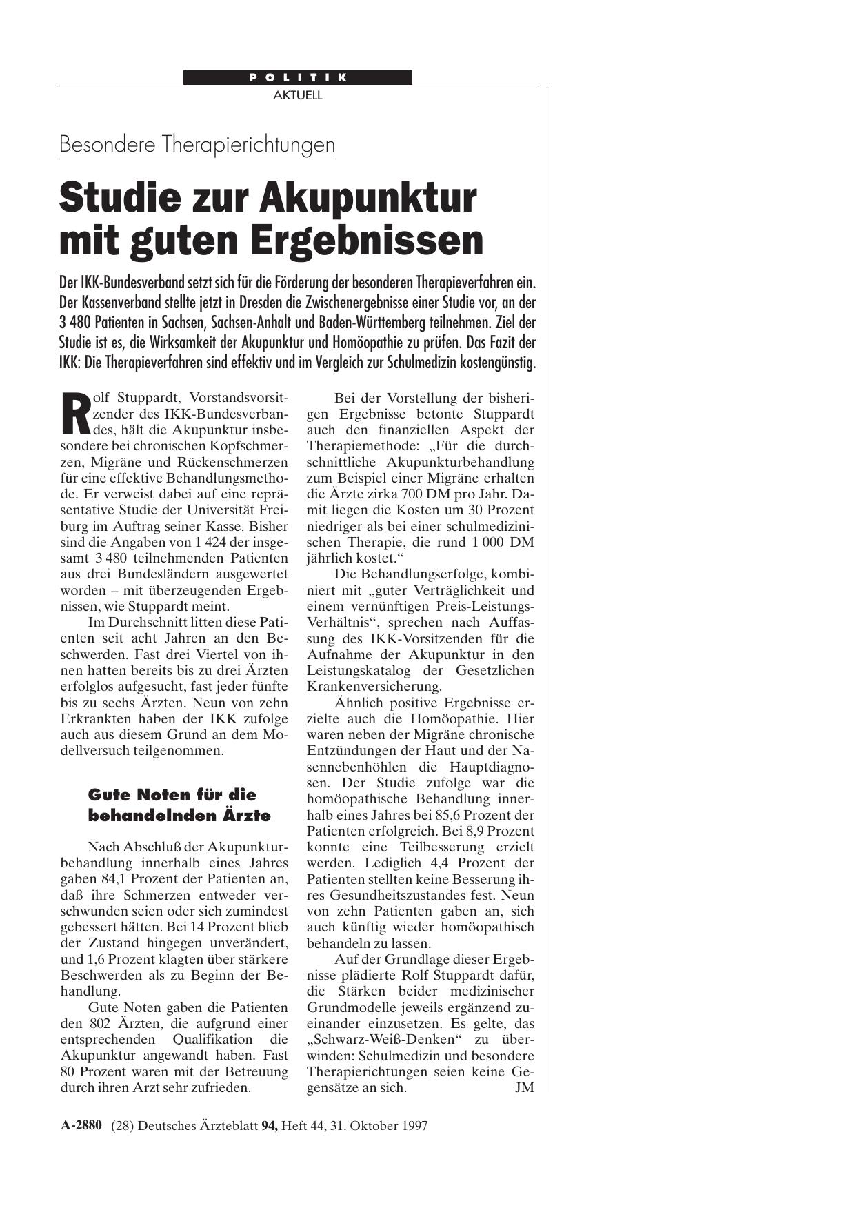 Vorschauseite 1: Besondere Therapierichtungen: Studie zur Akupunktur mit guten Ergebnissen