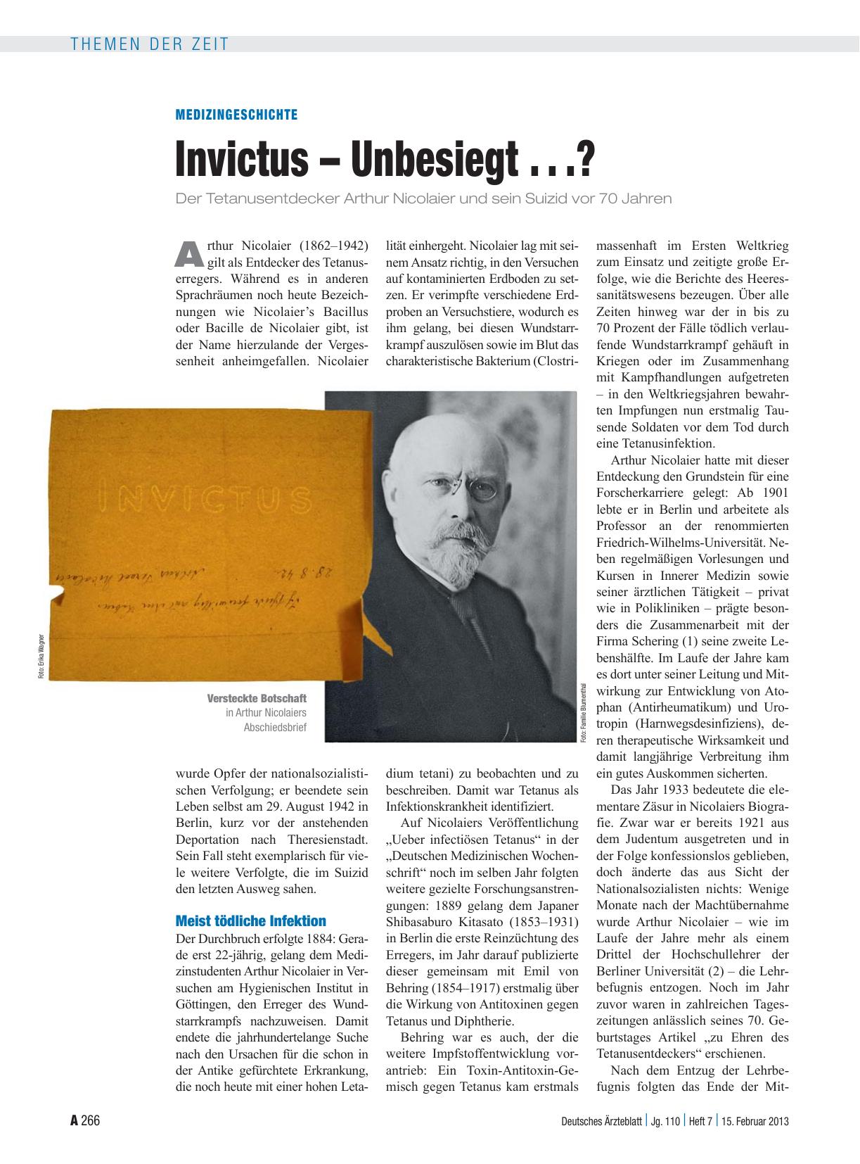 Vorschauseite 1: Medizingeschichte: Invictus – Unbesiegt . . .?