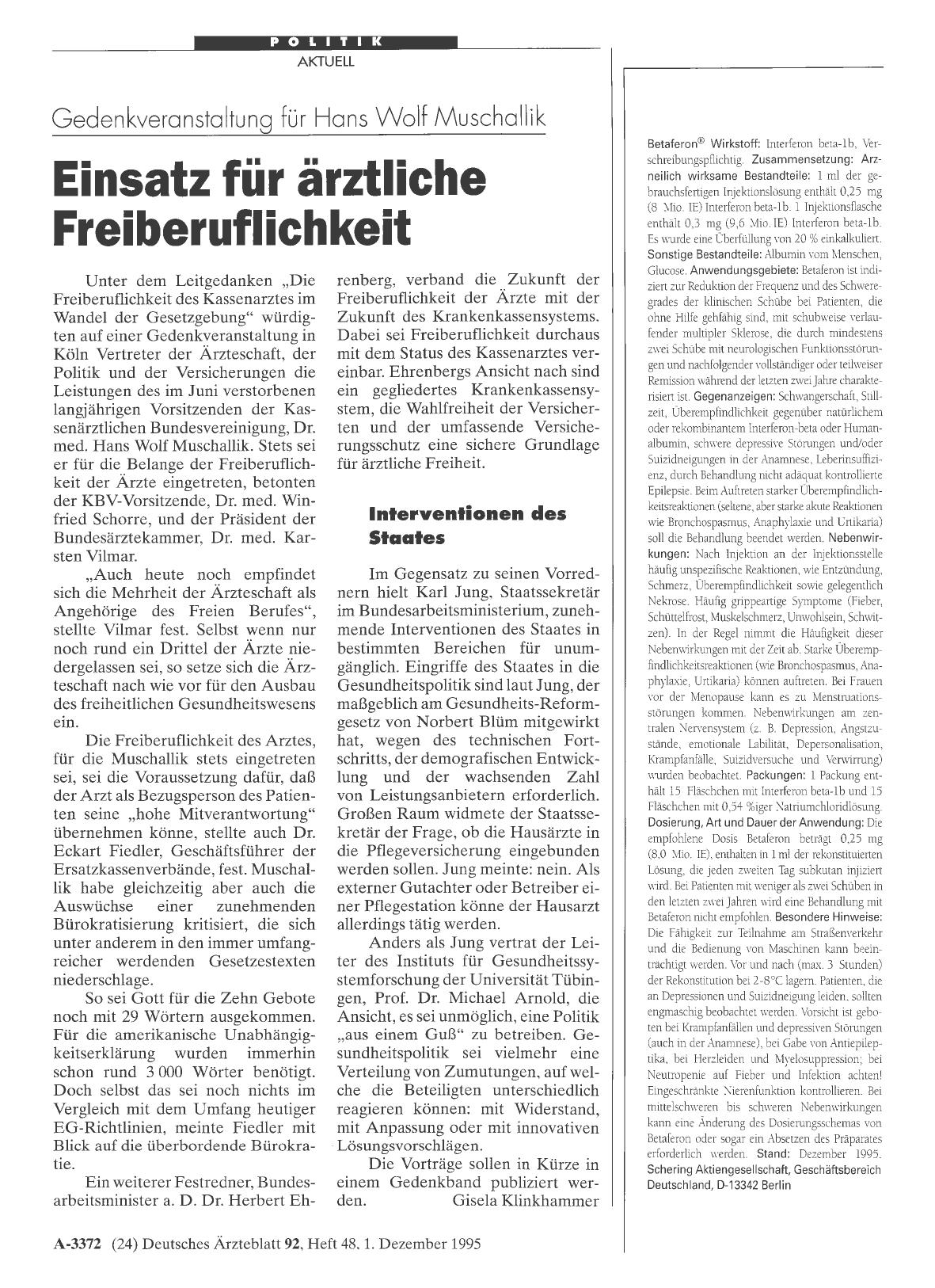 Vorschauseite 1: Gedenkveranstaltung für Hans Wolf Muschallik: Einsatz für ärztliche Freiberuflichkeit