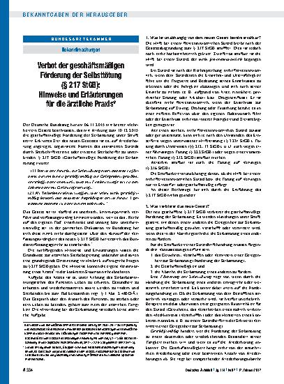 Vorschauseite 1: Verbot der geschäftsmäßigen Förderung der Selbsttötung (§ 217 StGB): Hinweise und Erläuterungen für die ärztliche Praxis*