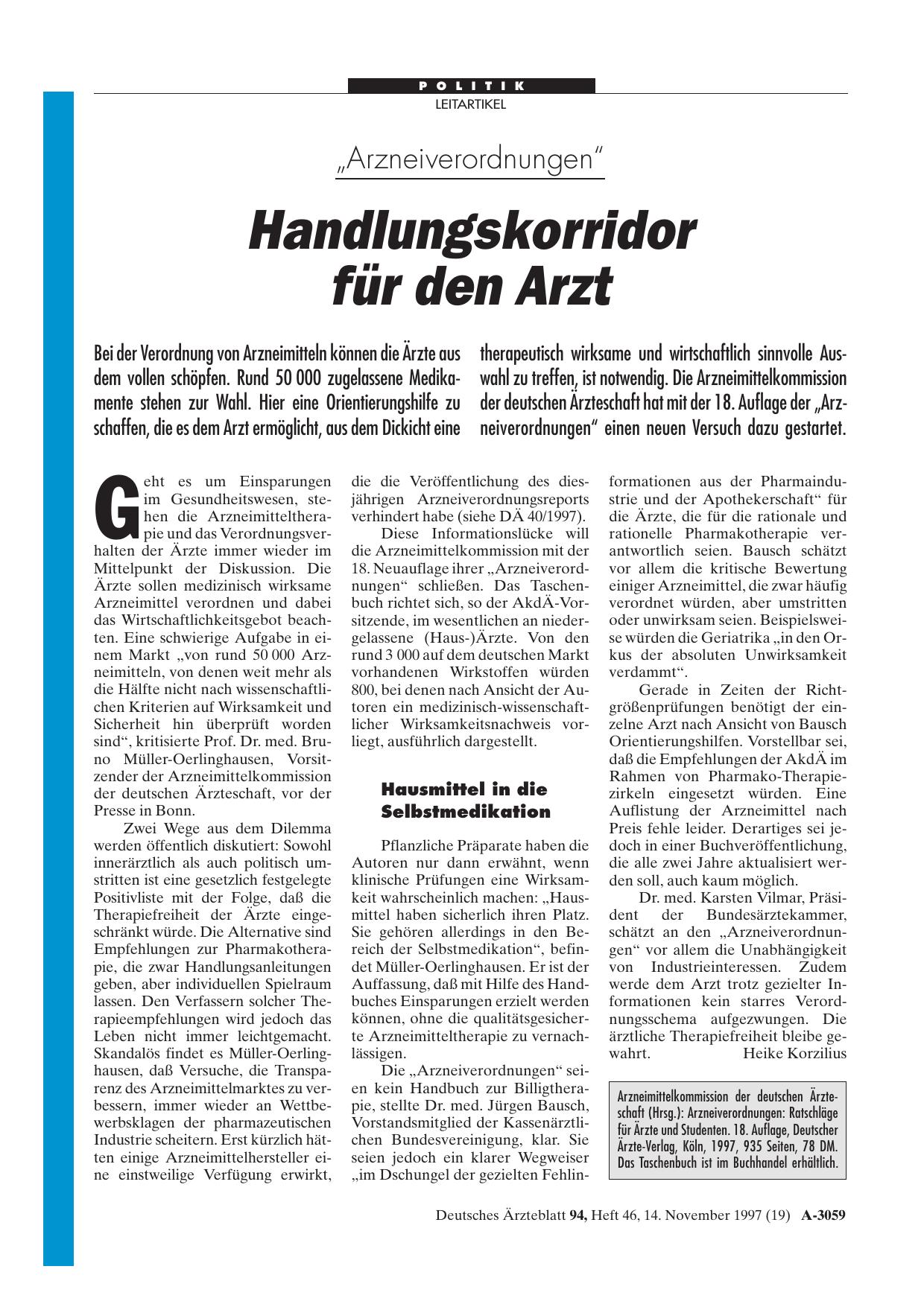 Vorschauseite 1: „Arzneiverordnungen„: Handlungskorridor für den Arzt