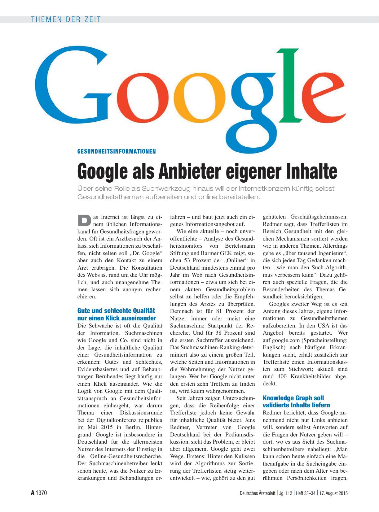 Vorschauseite 1: Gesundheitsinformationen: Google als Anbieter eigener Inhalte