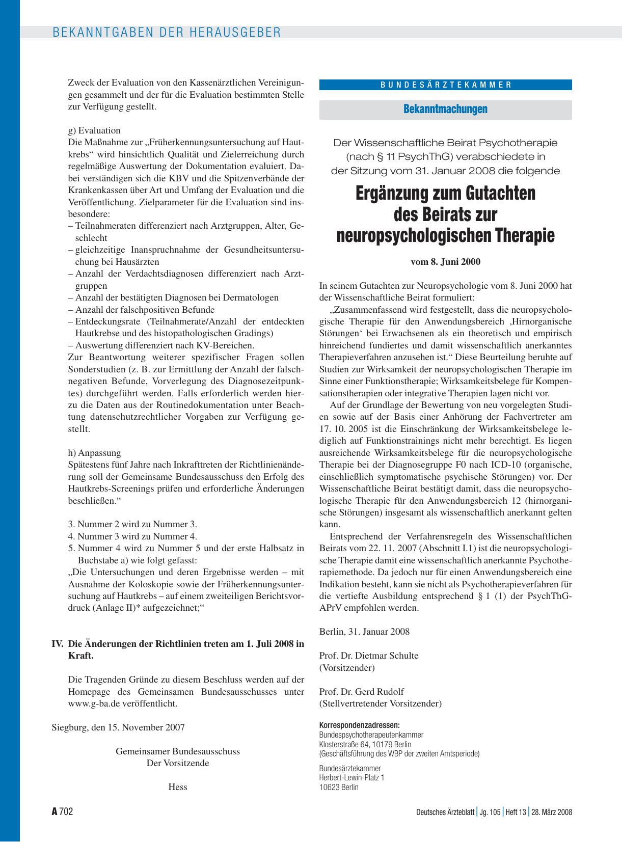 Vorschauseite 1: Bekanntmachungen: Ergänzung zum Gutachten des Beirats zur neuropsychologischen Therapie vom 8. Juni 2000
