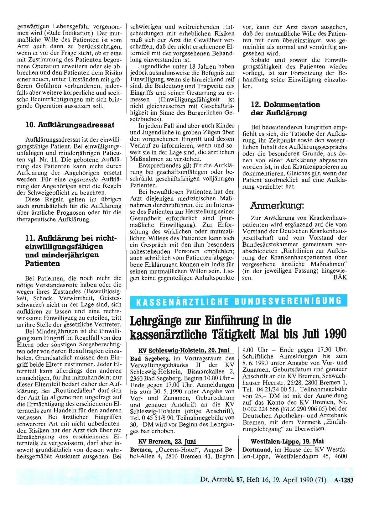 Vorschauseite 1: Lehrgänge zur Einführung in die kassenärztliche Tätigkeit Mai bis Juli 1990