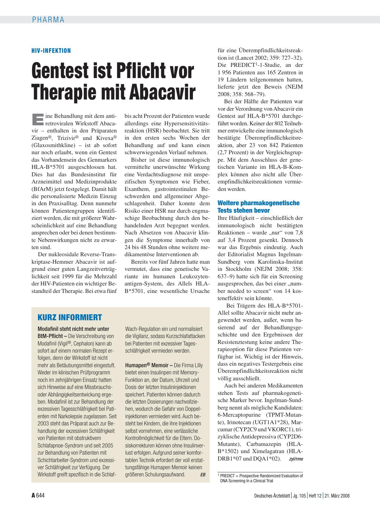Vorschauseite 1: HIV-Infektion: Gentest ist Pflicht vor Therapie mit Abacavir