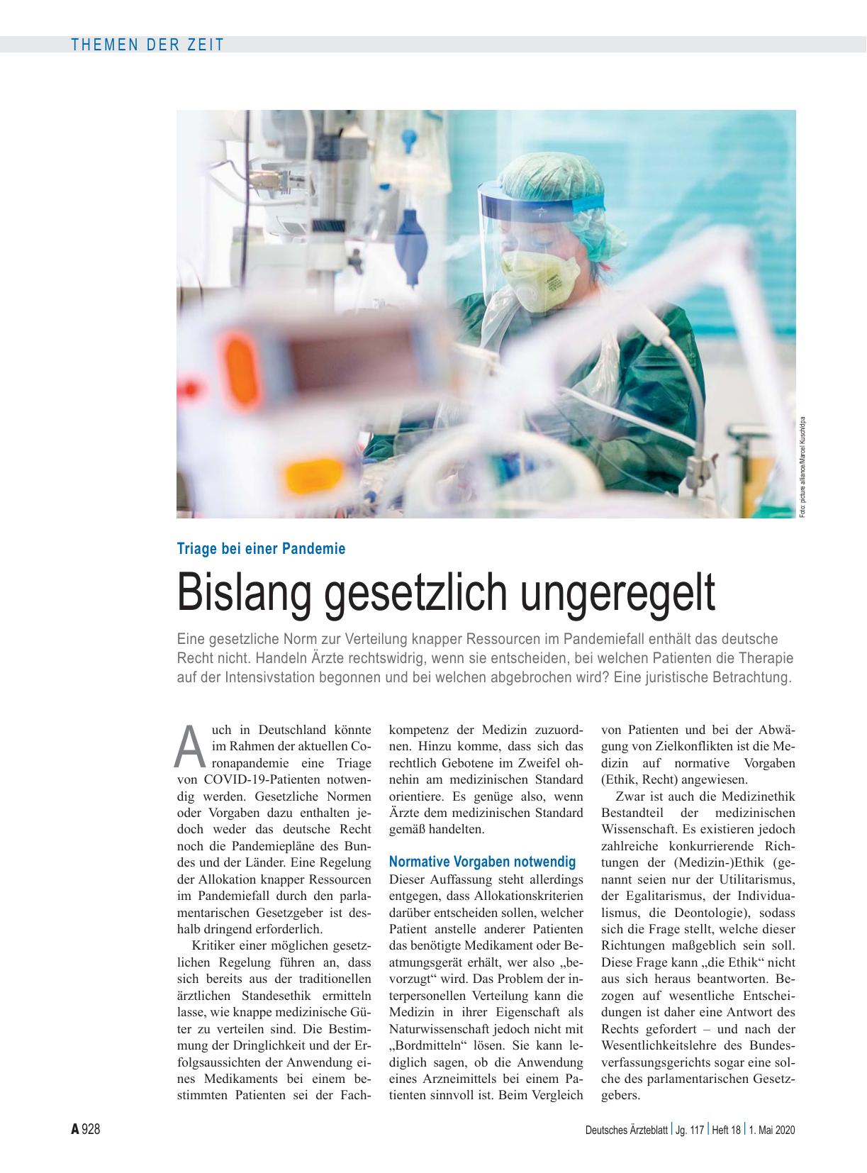 Vorschauseite 1: Triage bei einer Pandemie: Bislang gesetzlich ungeregelt