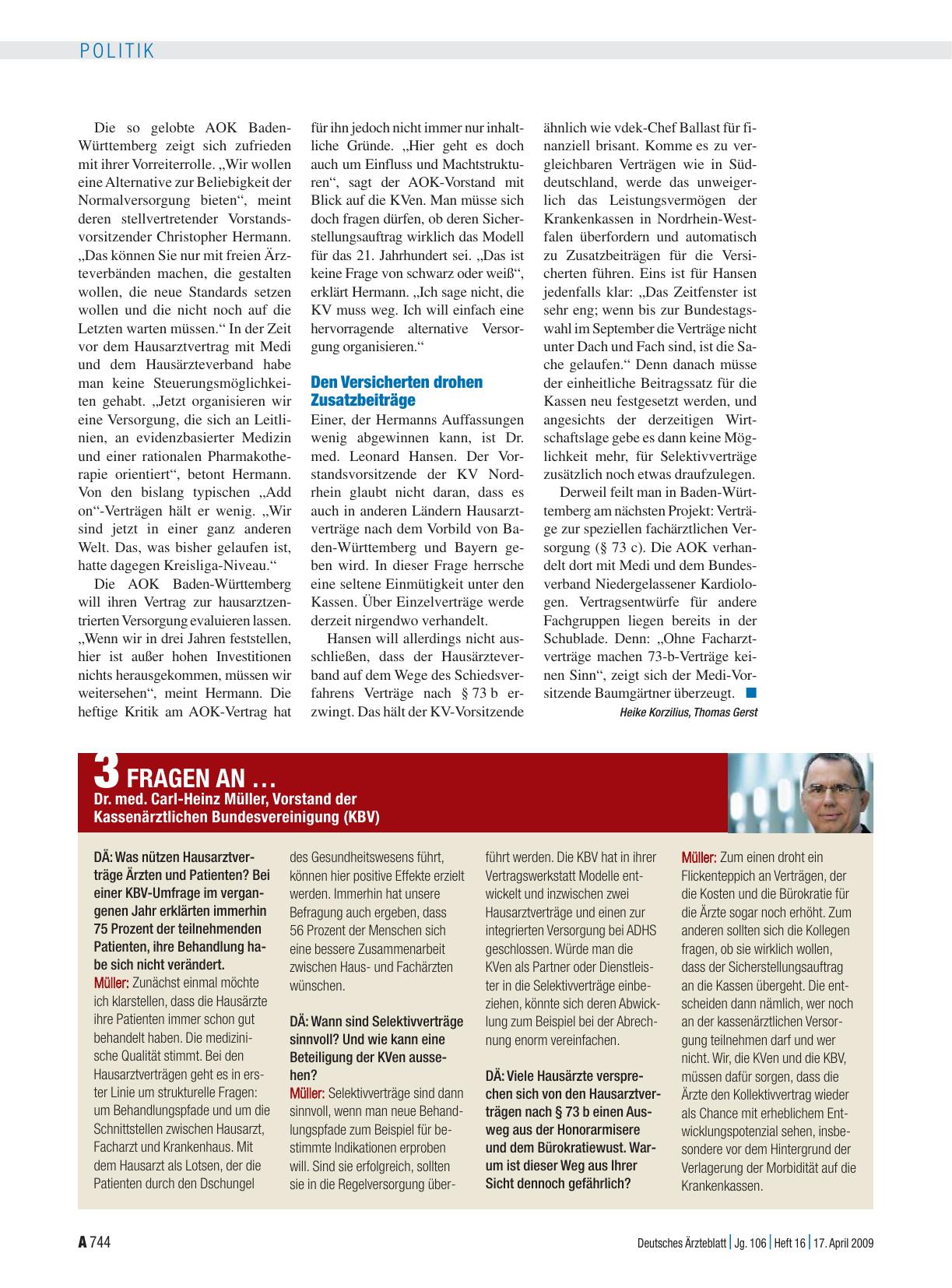 Vorschauseite 1: 3 Fragen an … Dr. med. Carl-Heinz Müller, Vorstand der Kassenärztlichen Bundesvereinigung (KBV)