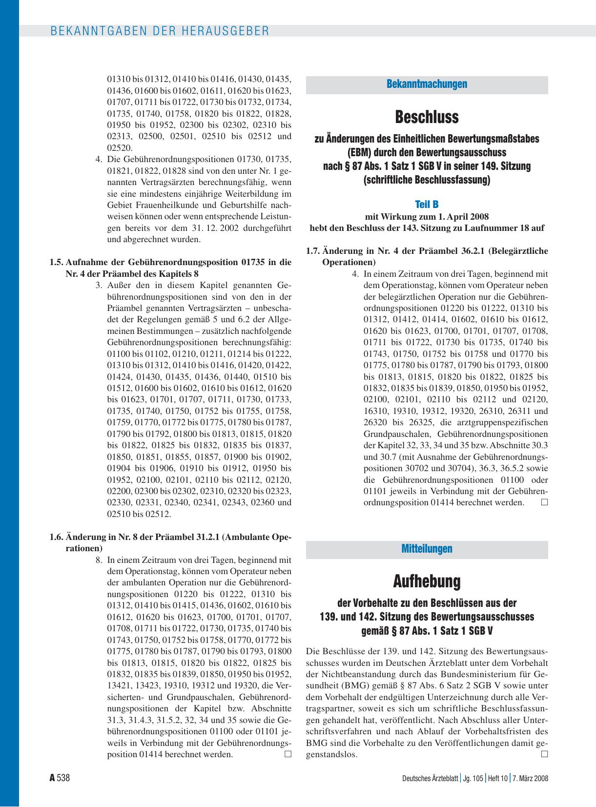 Vorschauseite 1: Beschluss zu Änderungen des Einheitlichen Bewertungsmaßstabes (EBM) durch den Bewertungsausschuss nach § 87 Abs. 1 Satz 1 SGB V in seiner 149. Sitzung (schriftliche Beschlussfassu…