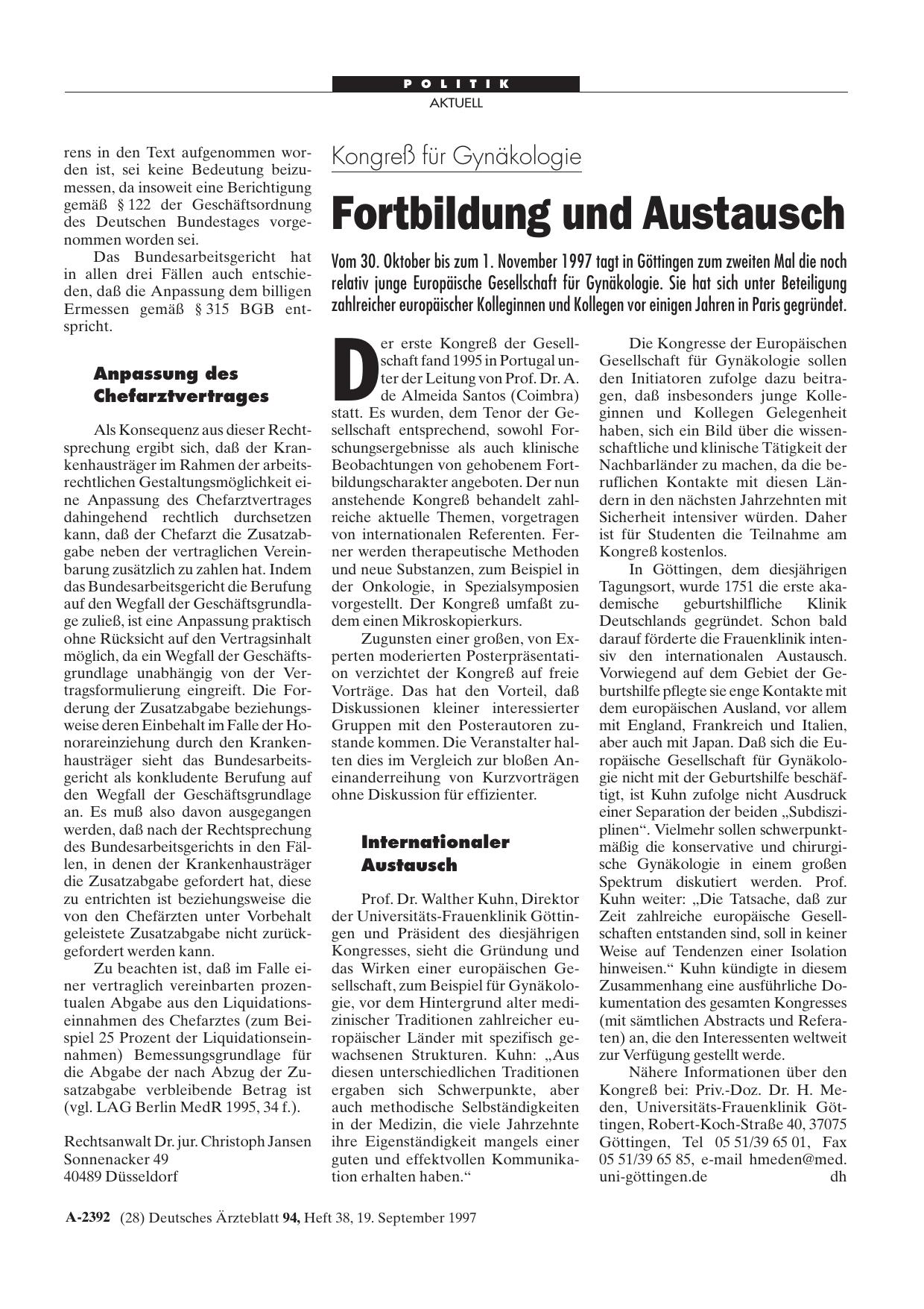 Vorschauseite 1: Kongreß für Gynäkologie: Fortbildung und Austausch