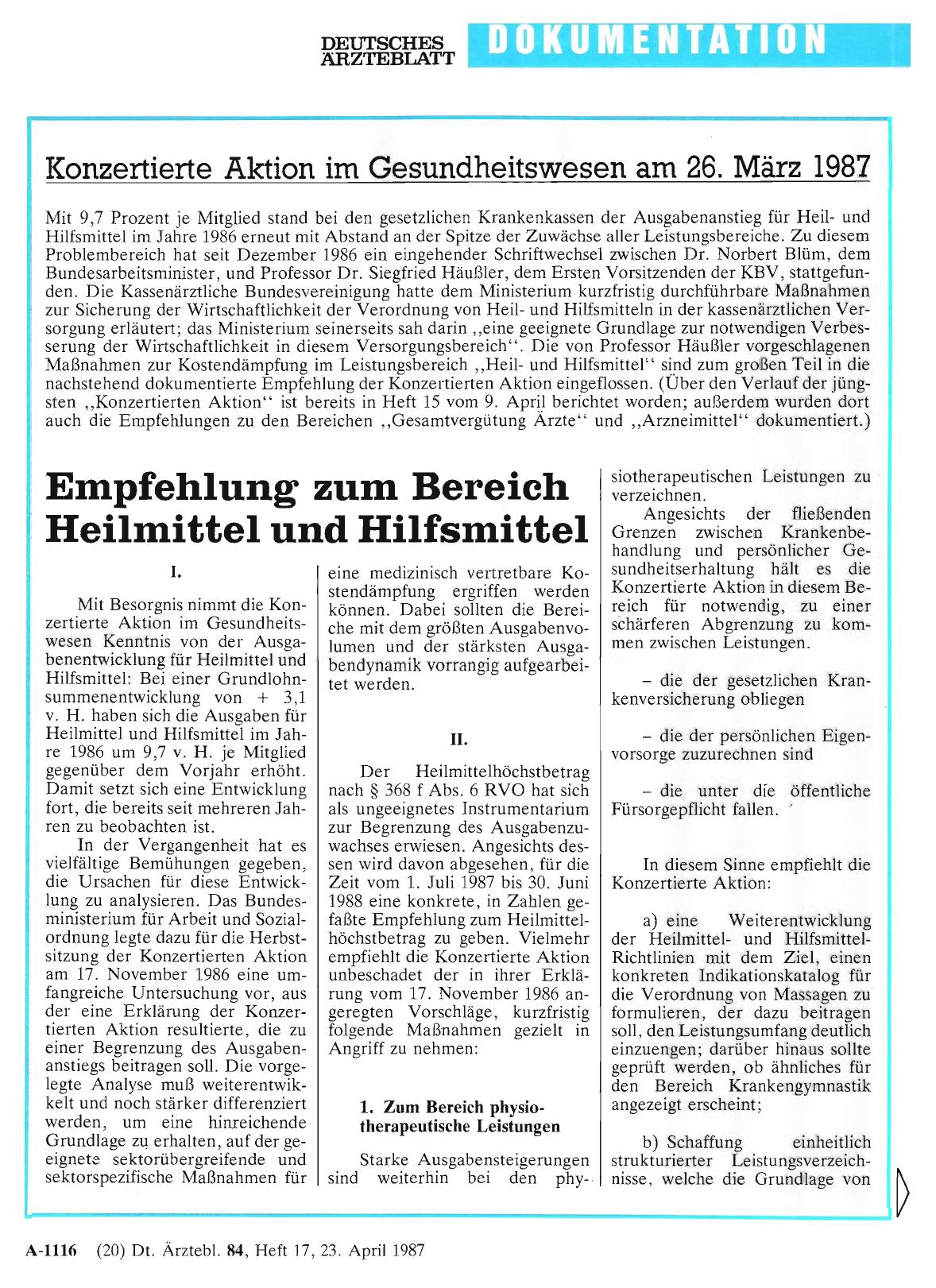 Vorschauseite 1: Konzertierte Aktion im Gesundheitswesen am 26. März 1987: Empfehlung zum Bereich Heilmittel und Hilfsmittel