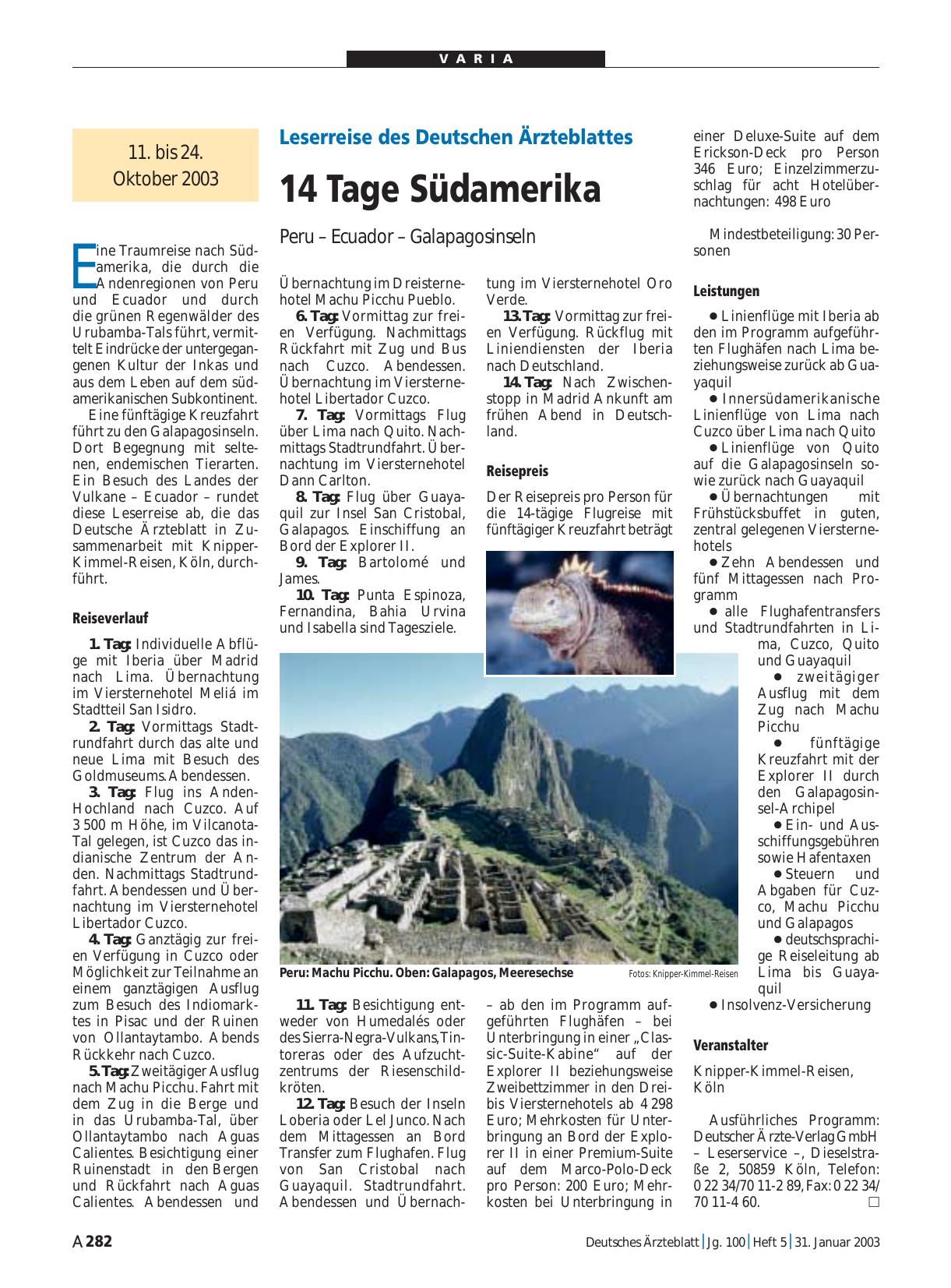 Vorschauseite 1: Leserreise des Deutschen Ärzteblattes: 14 Tage Südamerika