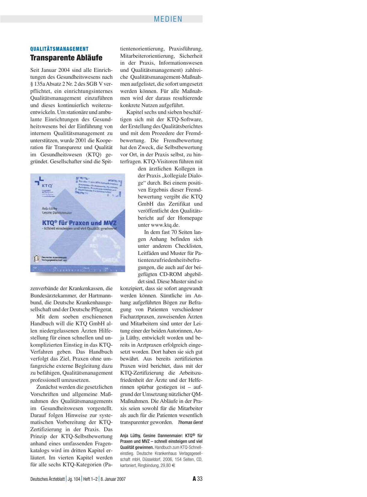 Vorschauseite 1: KTQ® für Praxen und MVZ – schnell einsteigen und viel Qualität gewinnen. Handbuch zum KTQ-Schnelleinstieg
