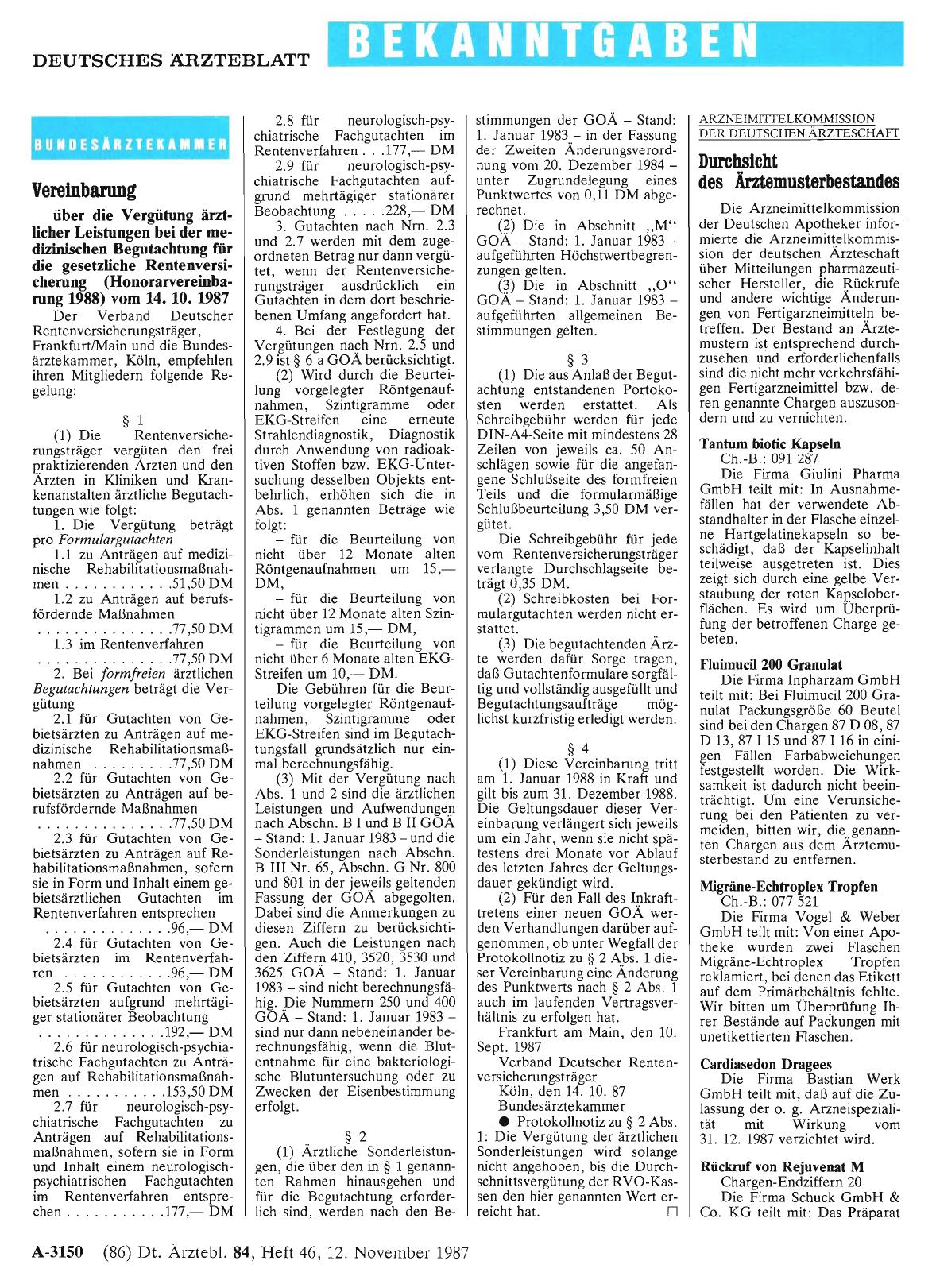 Vorschauseite 1: Vereinbarung über die Vergütung ärztlicher Leistungen bei der medizinischen Begutachtung für die gesetzliche Rentenversicherung (Honorarvereinbarung 1988) vom 14. 10. 1987