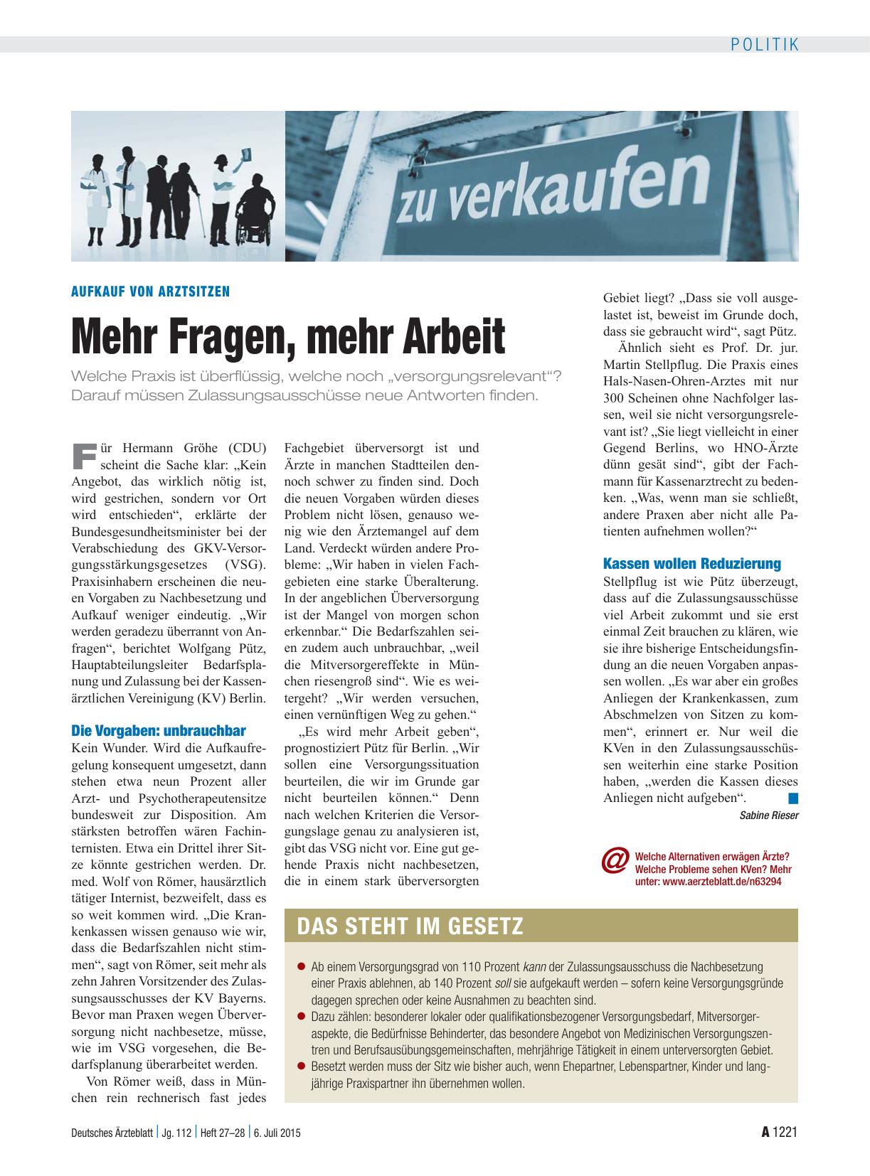 Vorschauseite 1: Aufkauf von Arztsitzen: Mehr Fragen, mehr Arbeit