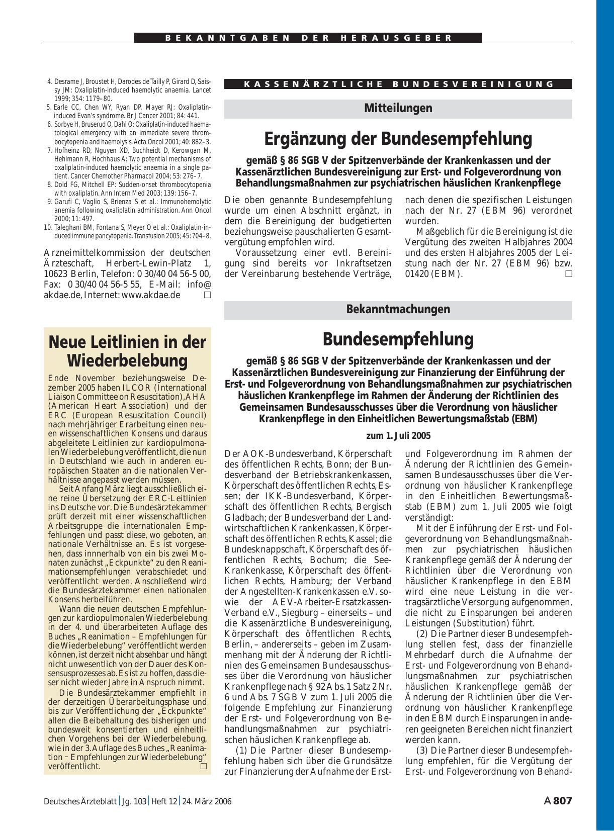 Vorschauseite 1: Mitteilungen: Ergänzung der Bundesempfehlung gemäß § 86 SGB V der Spitzenverbände der Krankenkassen und der Kassenärztlichen Bundesvereinigung zur Erstund Folgeverordnung von Beha…