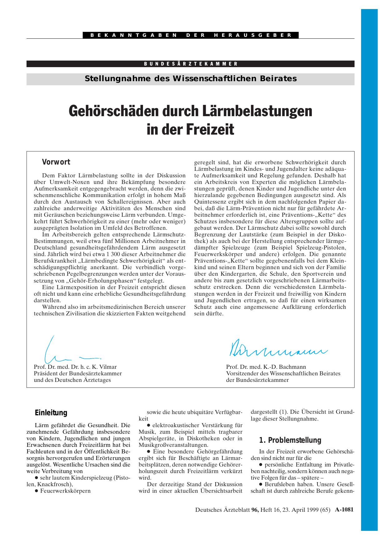Vorschauseite 1: Stellungnahme des Wissenschaftlichen Beirates: Gehörschäden durch Lärmbelastungen in der Freizeit