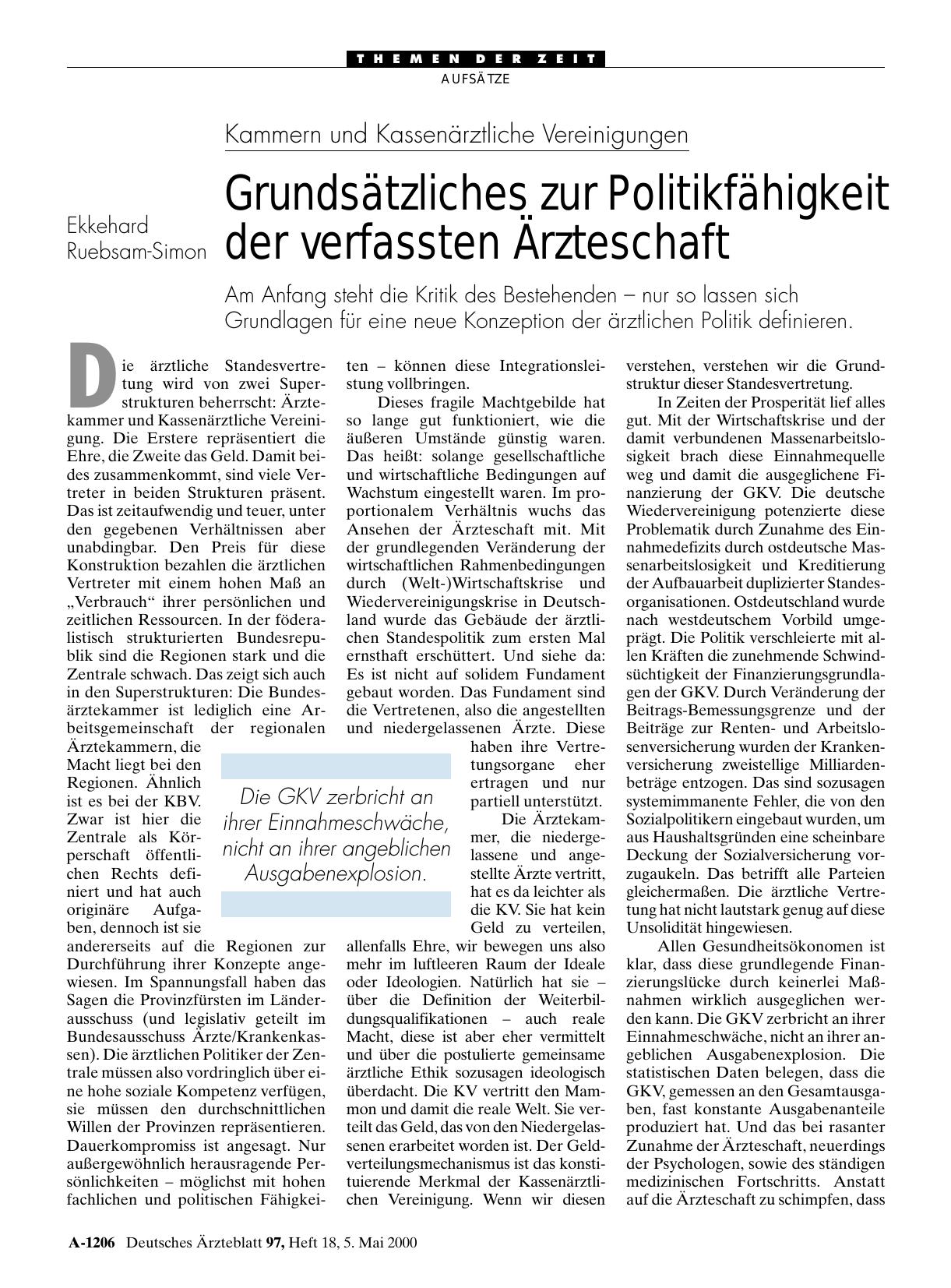 Vorschauseite 1: Kammern und Kassenärztliche Vereinigungen: Grundsätzliches zur Politikfähigkeit der verfassten Ärzteschaft