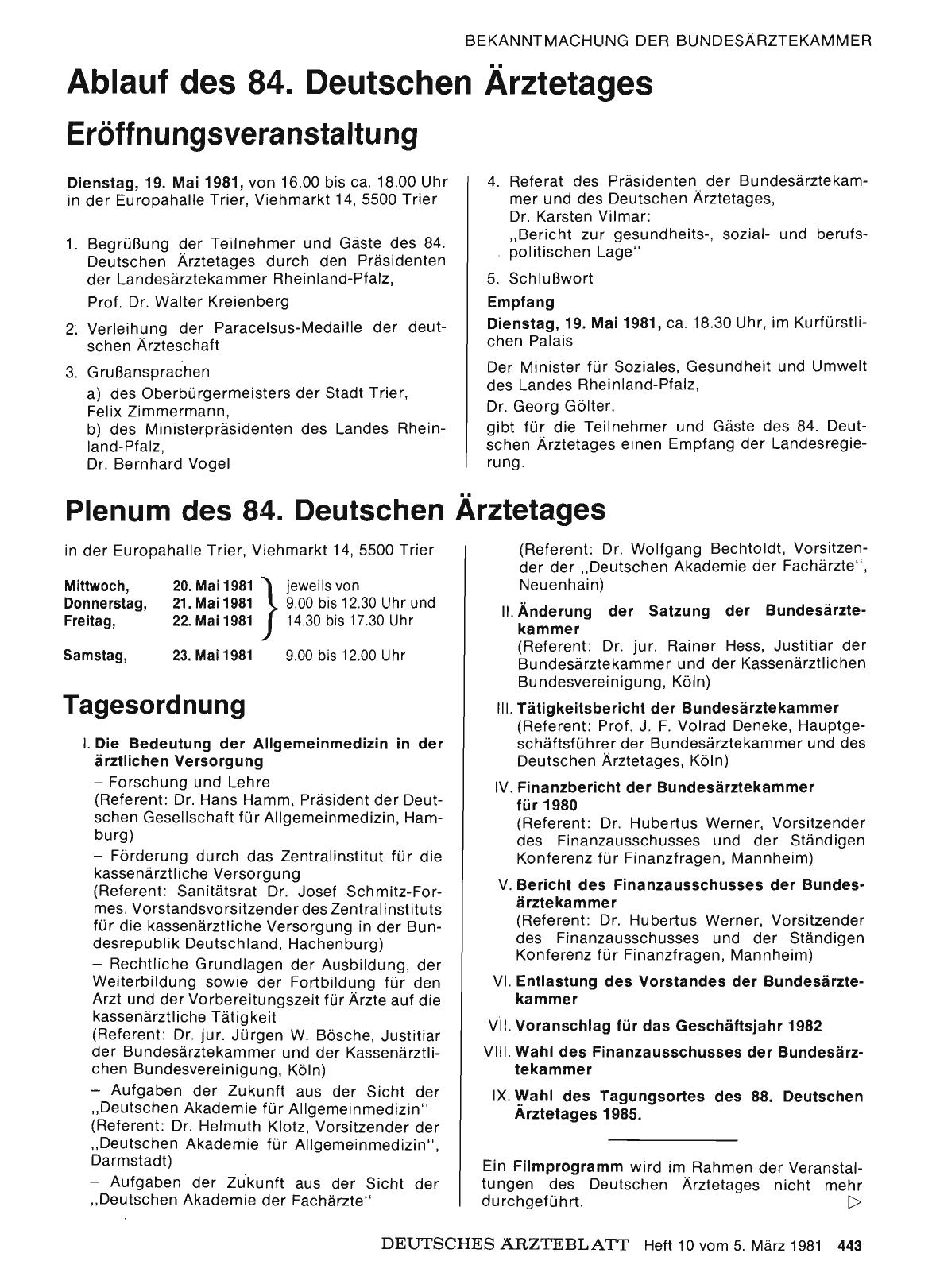 Vorschauseite 1: 84. Deutscher Ärztetag in Trier vom 19. bis zum 23. Mai 1981: Ablauf des 84. Deutschen Ärztetages