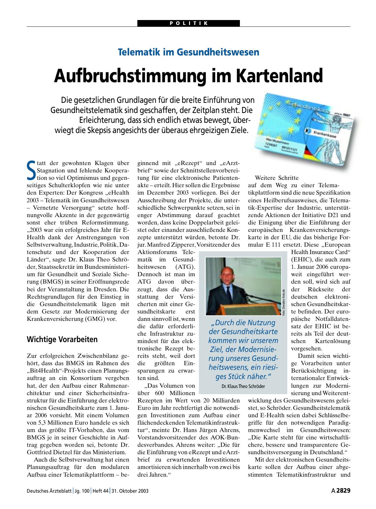 Vorschauseite 1: Telematik im Gesundheitswesen: Aufbruchstimmung im Kartenland
