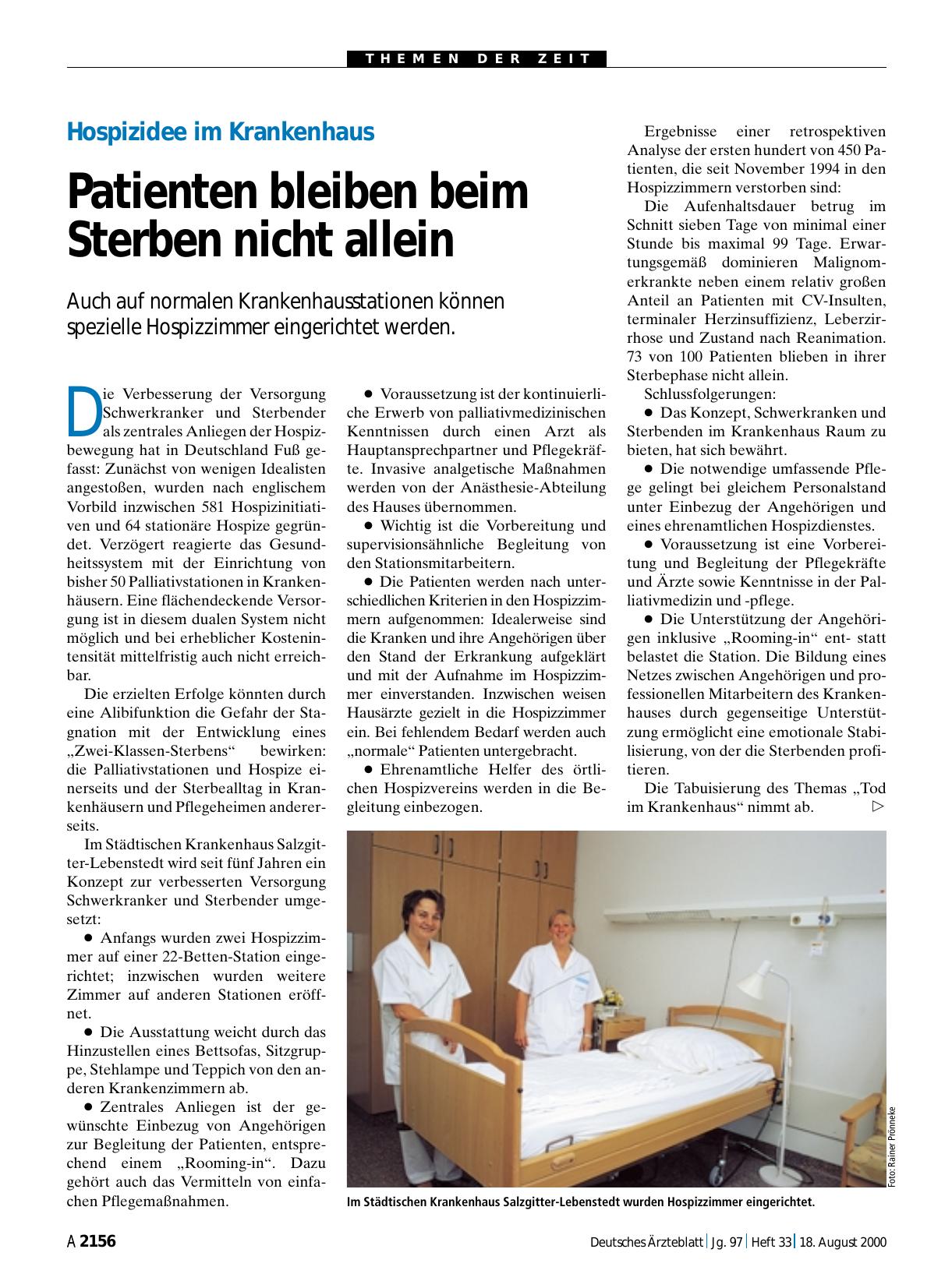 Vorschauseite 1: Hospizidee im Krankenhaus: Patienten bleiben beim Sterben nicht allein