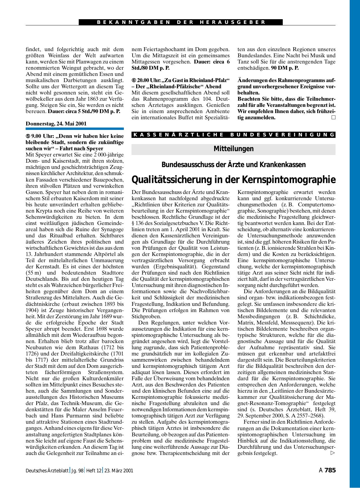 Vorschauseite 1: Mitteilungen: Qualitätssicherung in der Kernspintomographie