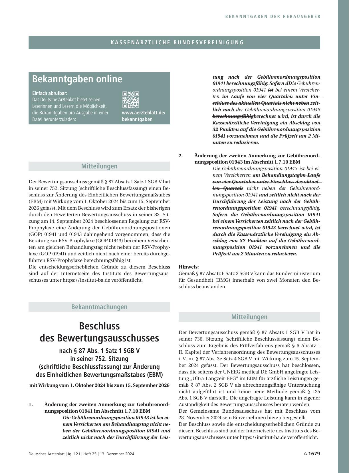 Vorschauseite 1: Beschluss des Bewertungsausschusses nach § 87 Abs. 1 Satz 1 SGB V in seiner 752. Sitzung (schriftliche Beschlussfassung) zur Änderung des Einheitlichen Bewertungsmaßstabes (EBM)