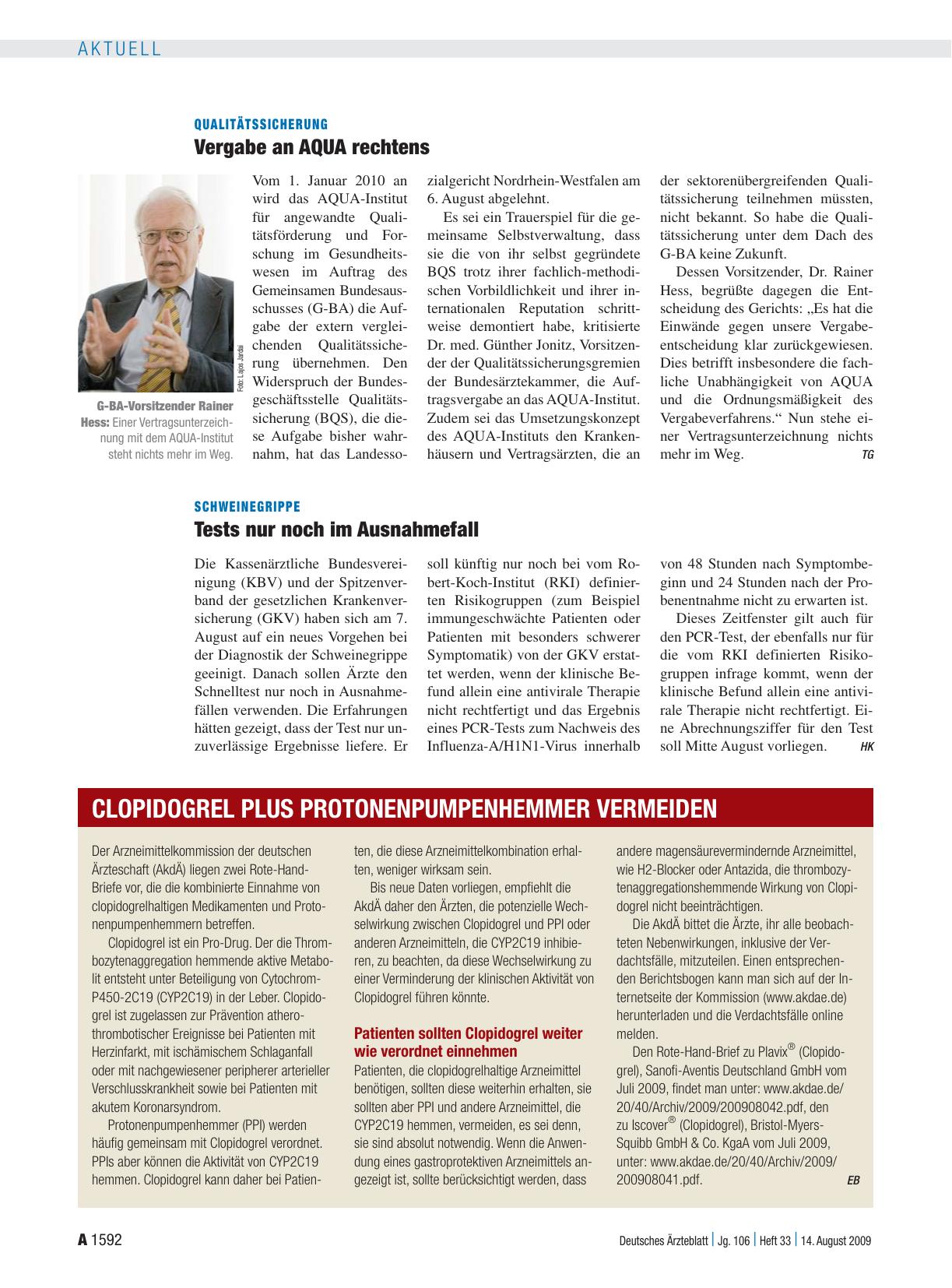 Vorschauseite 1: Clopidogrel plus Protonenpumpenhemmer vermeiden