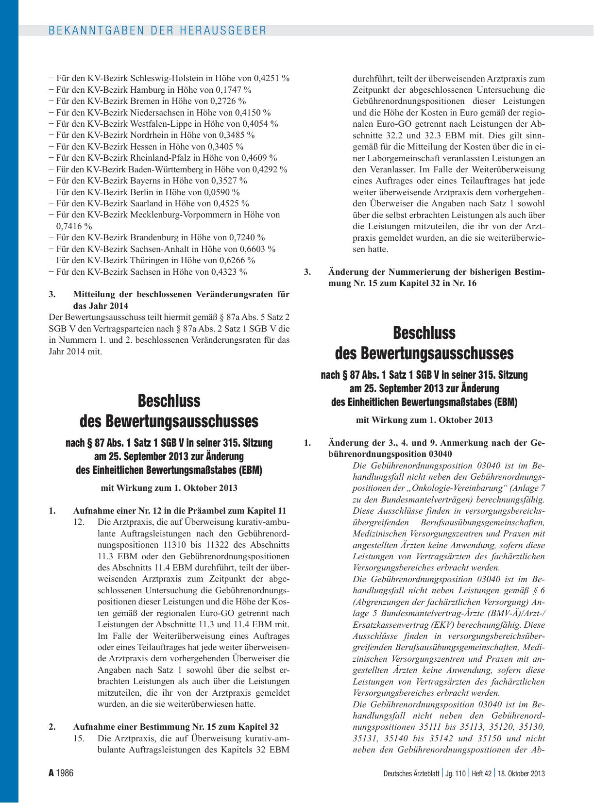 Vorschauseite 1: Beschluss des Bewertungsausschusses nach § 87 Abs. 1 Satz 1 SGB V in seiner 315. Sitzung am 25. September 2013 zur Änderung des Einheitlichen Bewertungsmaßstabes (EBM)