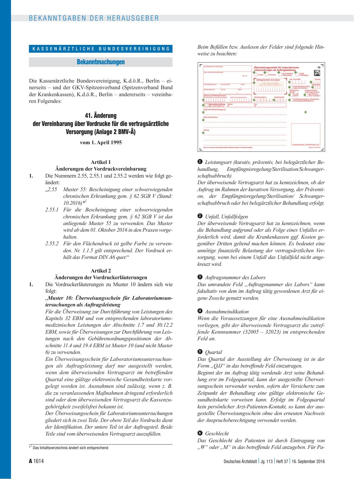 Vorschauseite 1: 41. Änderung der Vereinbarung über Vordrucke für die vertragsärztliche Versorgung (Anlage 2 BMV-Ä) / 6. Änderung der Vereinbarung über den Einsatz des Blankoformularbedruckungs-Ve…