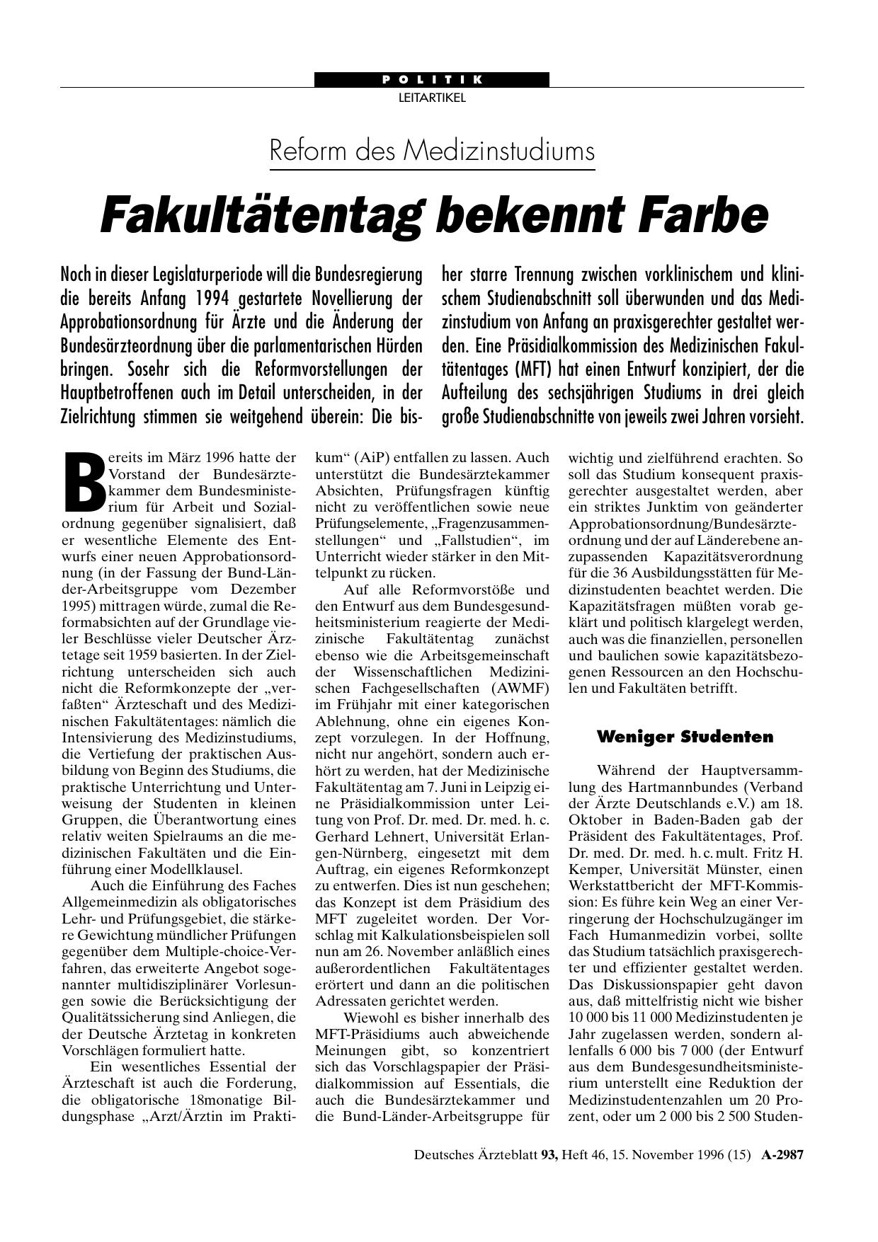 Vorschauseite 1: Reform des Medizinstudiums: Fakultätentag bekennt Farbe