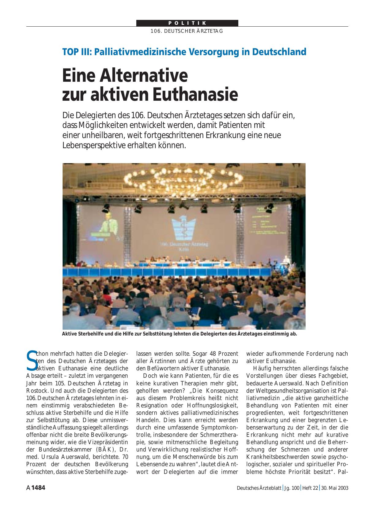 Vorschauseite 1: TOP III - Palliativmedizinische Versorgung in Deutschland: Eine Alternative zur aktiven Euthanasie