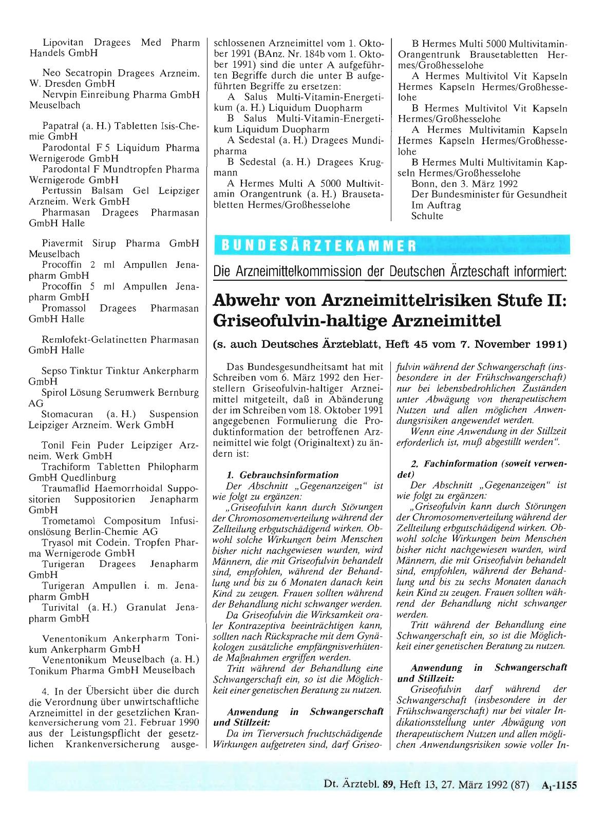 Vorschauseite 1: Die Arzneimittelkommission der Deutschen Ärzteschaft informiert: Abwehr von Arzneimittelrisiken Stufe II: Griseofulvin-haltige Arzneimittel