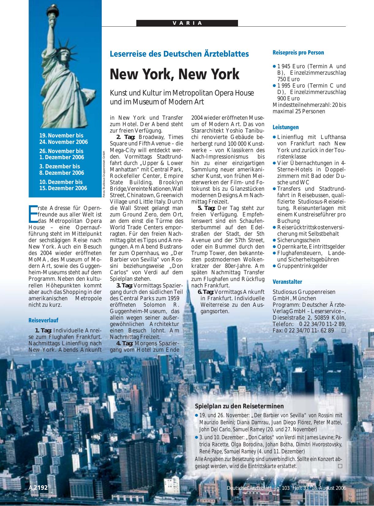 Vorschauseite 1: Leserreise des Deutschen Ärzteblattes: New York, New York