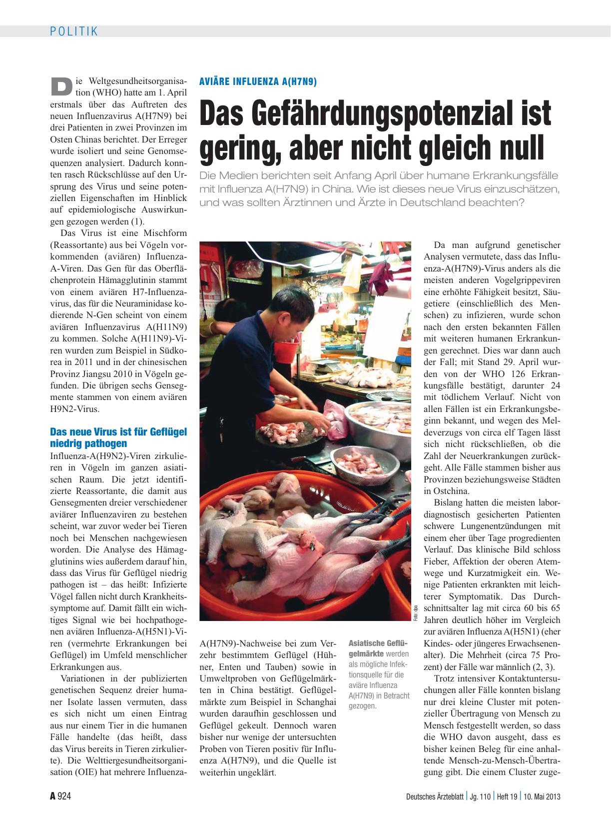 Vorschauseite 1: Aviäre Influenza A(H7N9): Das Gefährdungspotenzial ist gering, aber nicht gleich null