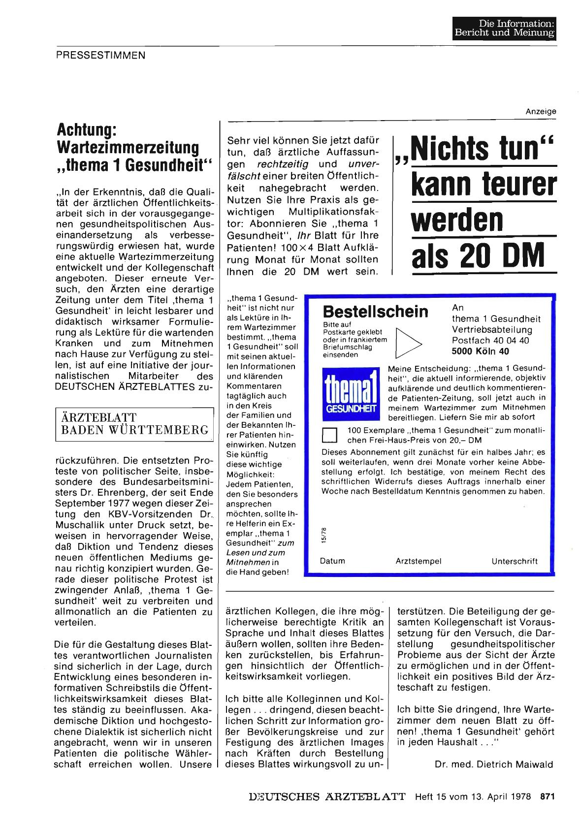 Vorschauseite 1: Achtung: Wartezimmerzeitung „thema 1 Gesundheit“