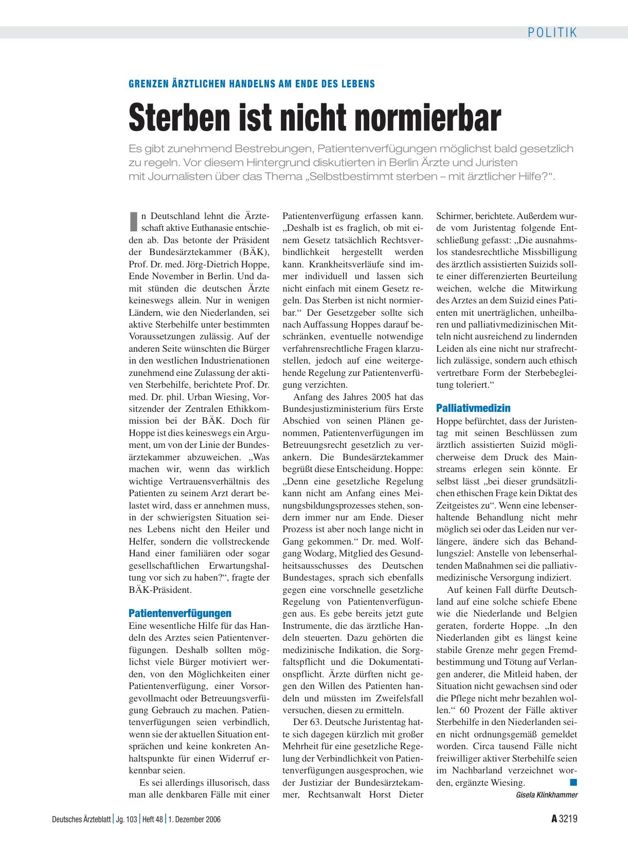 Vorschauseite 1: Grenzen ärztlichen Handelns am Ende des Lebens: Sterben ist nicht normierbar