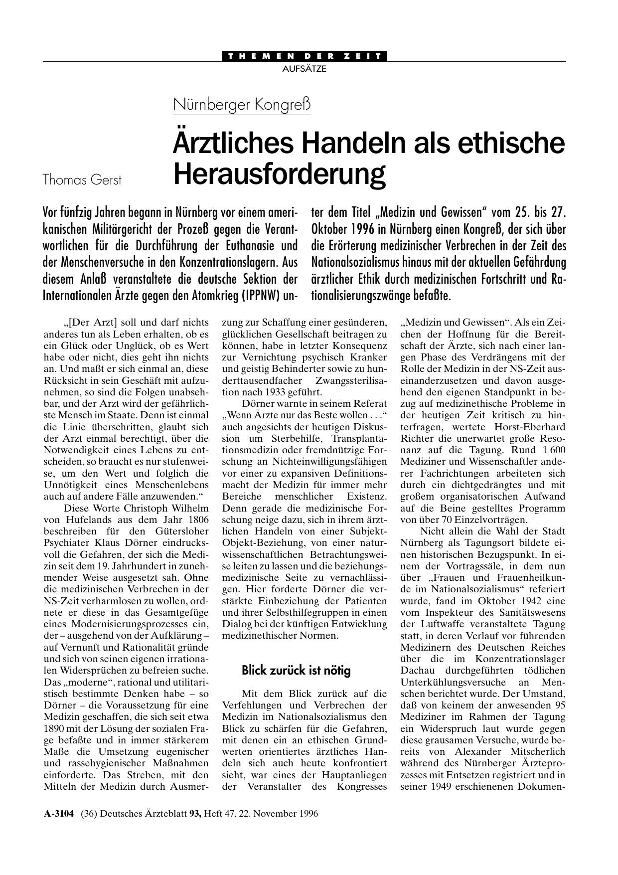 Vorschauseite 1: Nürnberger Kongreß: Ärztliches Handeln als ethische Herausforderung