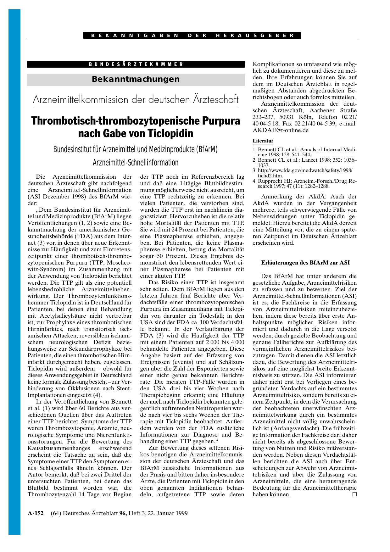 Vorschauseite 1: Arzneimittelkommission der deutschen Ärzteschaft: Thrombotisch-thrombozytopenische Purpura nach Gabe von Ticlopidin