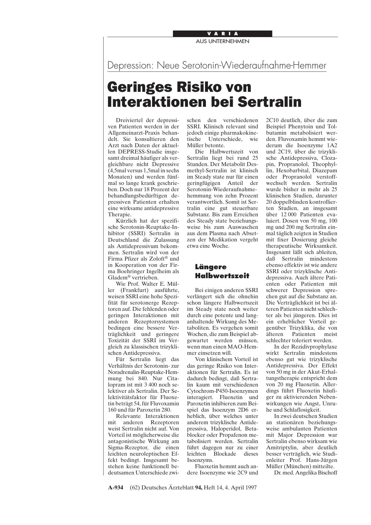 Vorschauseite 1: Depression – Neue Serotonin-Wiederaufnahme-Hemmer: Geringes Risiko von Interaktionen bei Sertralin